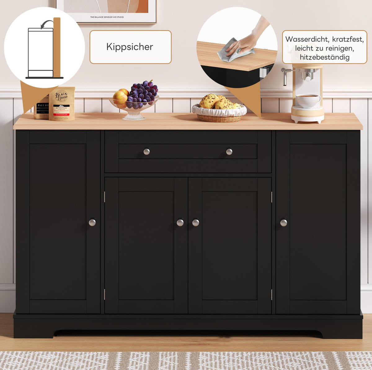 MODERNER Hochschrank aus MDF in Schwarz mit Schublade, Doppeltür und höhenverstellbaren Einlegeböden, 138/40/85 cm, Schwarz - Schwarz, Holzwerkstoff (138/85/40cm) - Redom