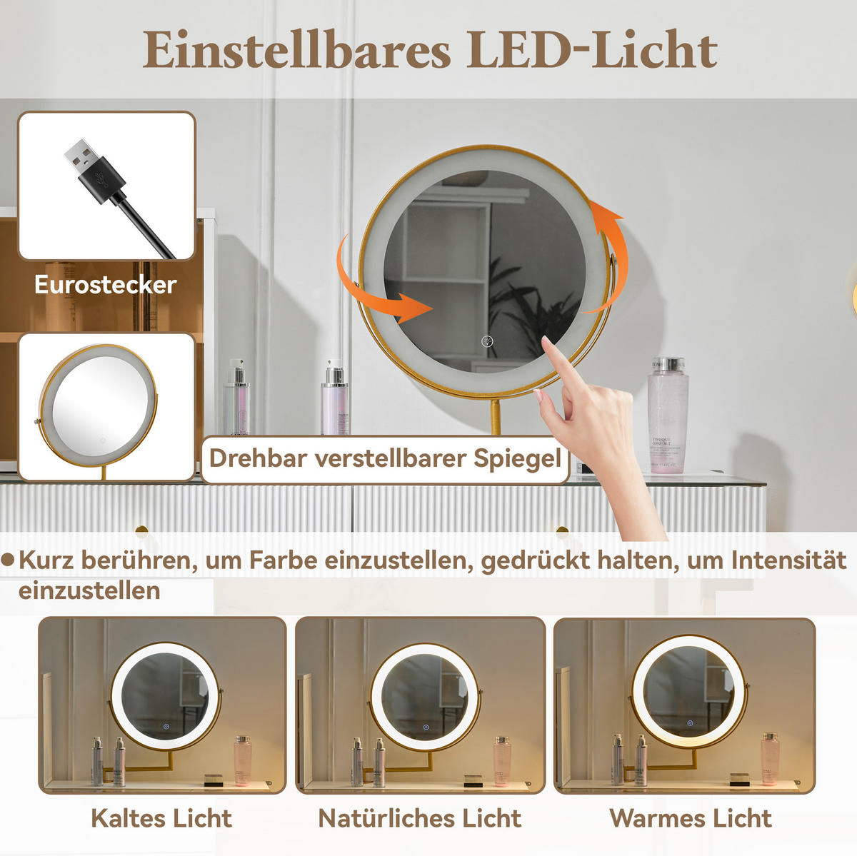 SCHMINKTISCH 120/45/115 cm mit LED-Spiegel, flexiblem Seitenregal und Glasplatte, Weiß/Goldfarben - Weiß, Holzwerkstoff (120/115/45cm) - Redom