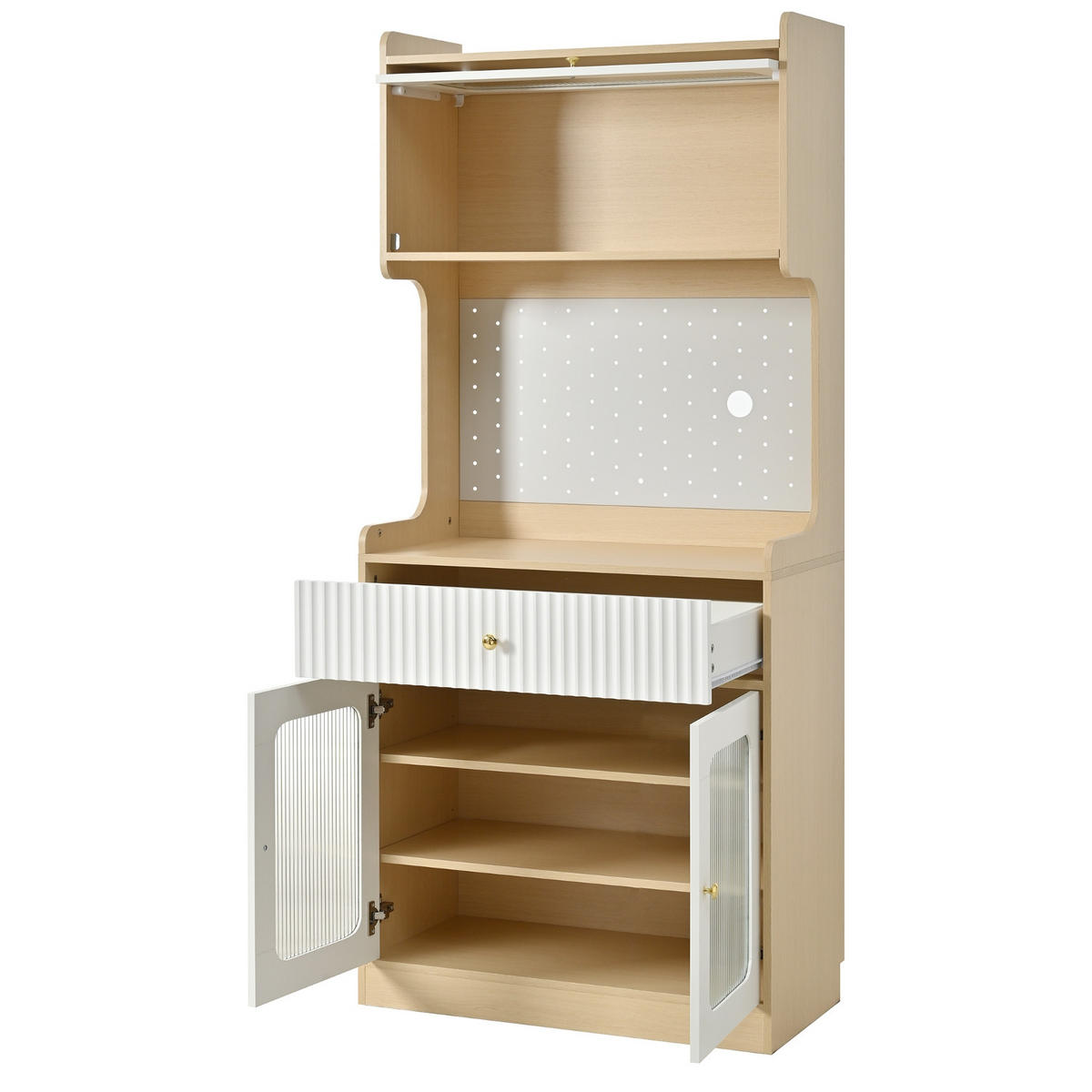 KÜCHENSCHRANK Naturholzoptik, 80/180/40 cm, MDF und Riffelglas, Natur, MIT LED-BELEUCHTUNG, für Esszimmer und Küche - Weiß, Holzwerkstoff (40/180/80cm) - Rolipo