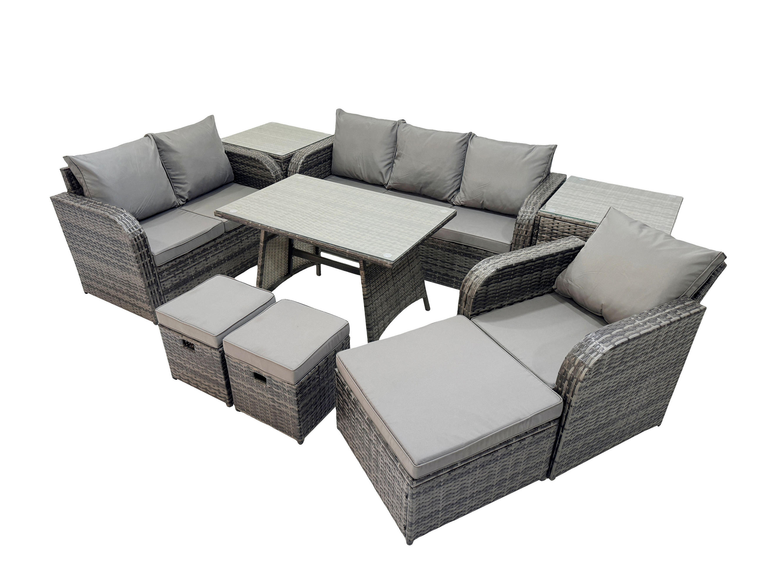 GARTENMÖBEL SET Polyrattan Dunkelgrau 9-Sitzer - Dunkelgrau/Grau, Glas/Kunststoff - Fimous