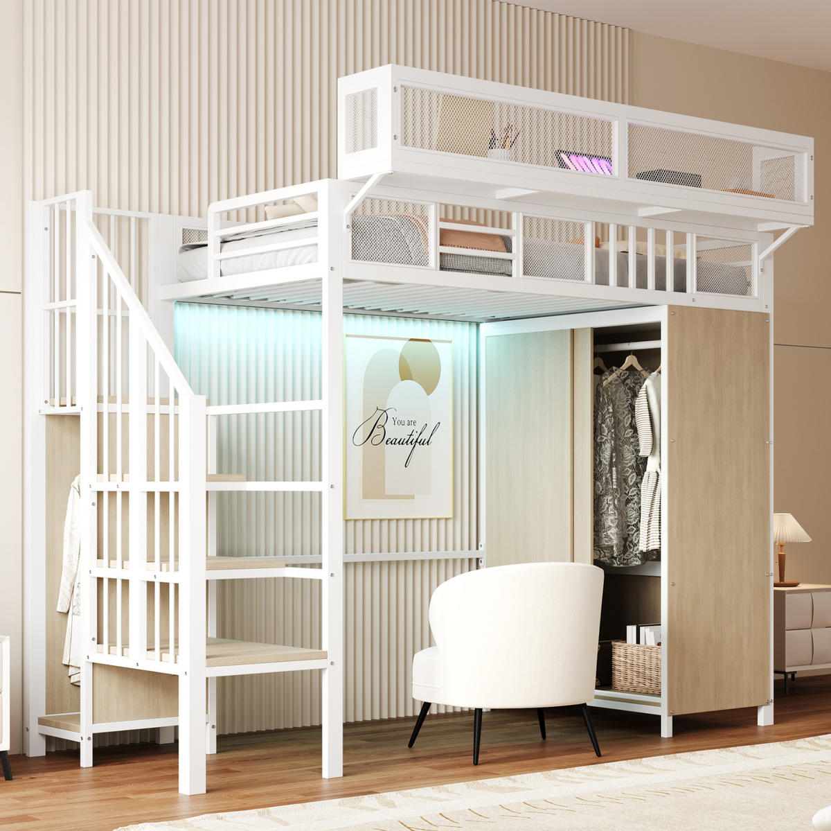 HOCHBETT 90/200 cm in Weiß mit Kleiderschrank, LED und Stauraumleiter - Weiß, Metall (90/200cm) - BEAOK