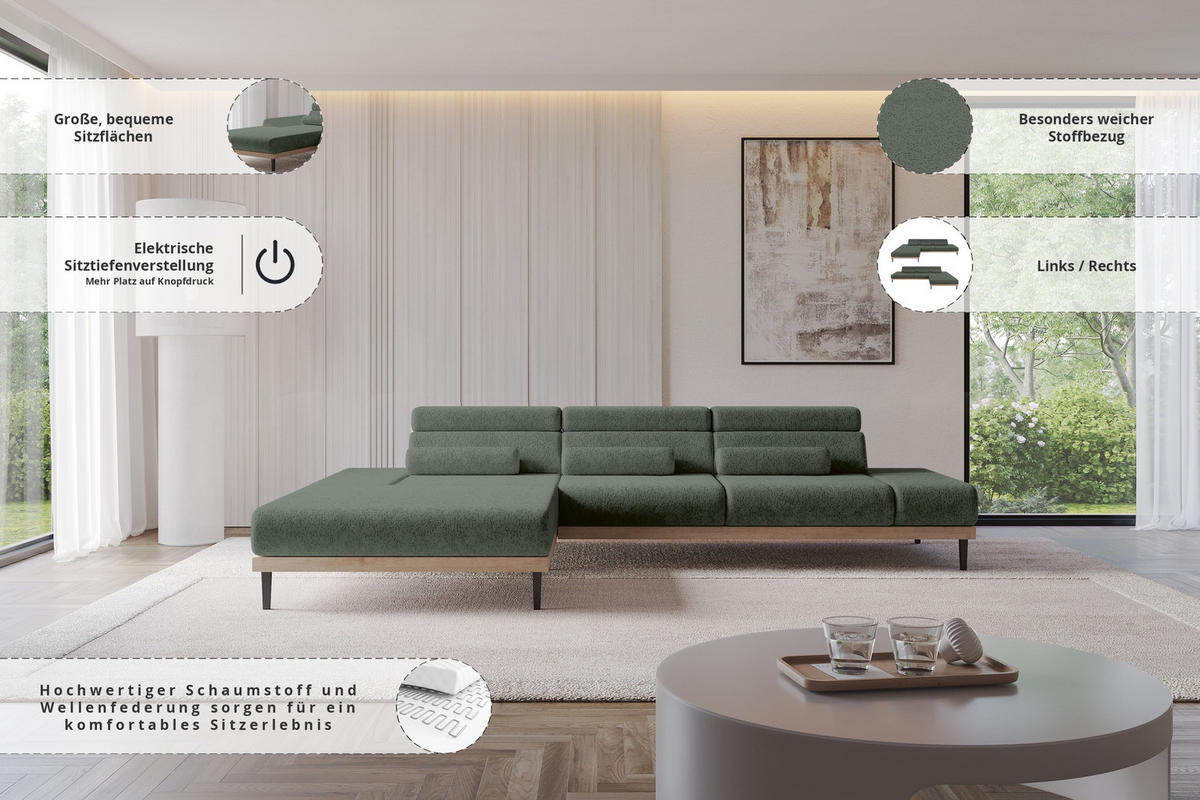 ELEKTRISCHES ECKSOFA Links MONA 316x205x85 Grün Velours - Grün, Holzwerkstoff/Textil (316/205cm) - ALTDECOR