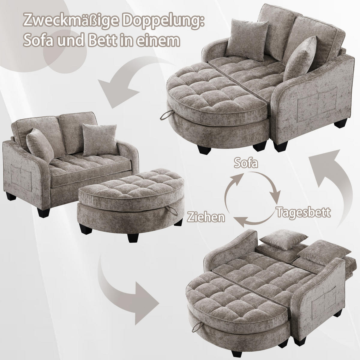 SCHLAFSOFA 2 in 1 Sofa mit Schlaffunktion, Hocker und Stauraum Stoffbezug Braun - Braun, Textil (129/93/132cm)