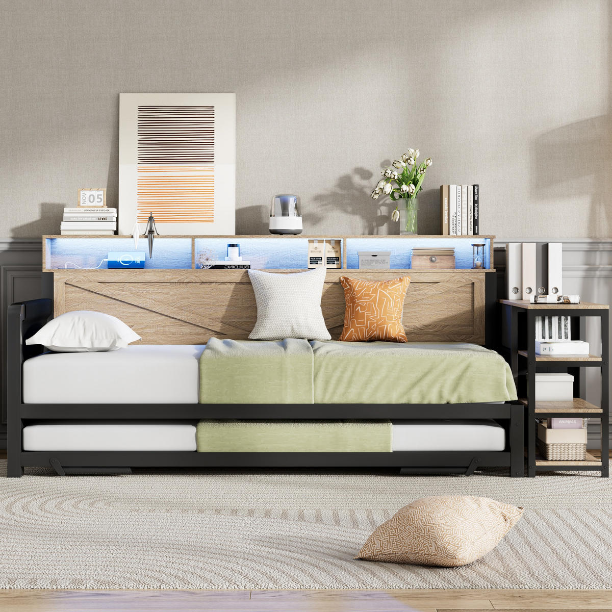 MULTIFUNKTIONSBETT 90/200 cm schwarz aus Metall mit Ausziehbett mit USB und LED - Schwarz, Holzwerkstoff (90/200cm) - OKWISH