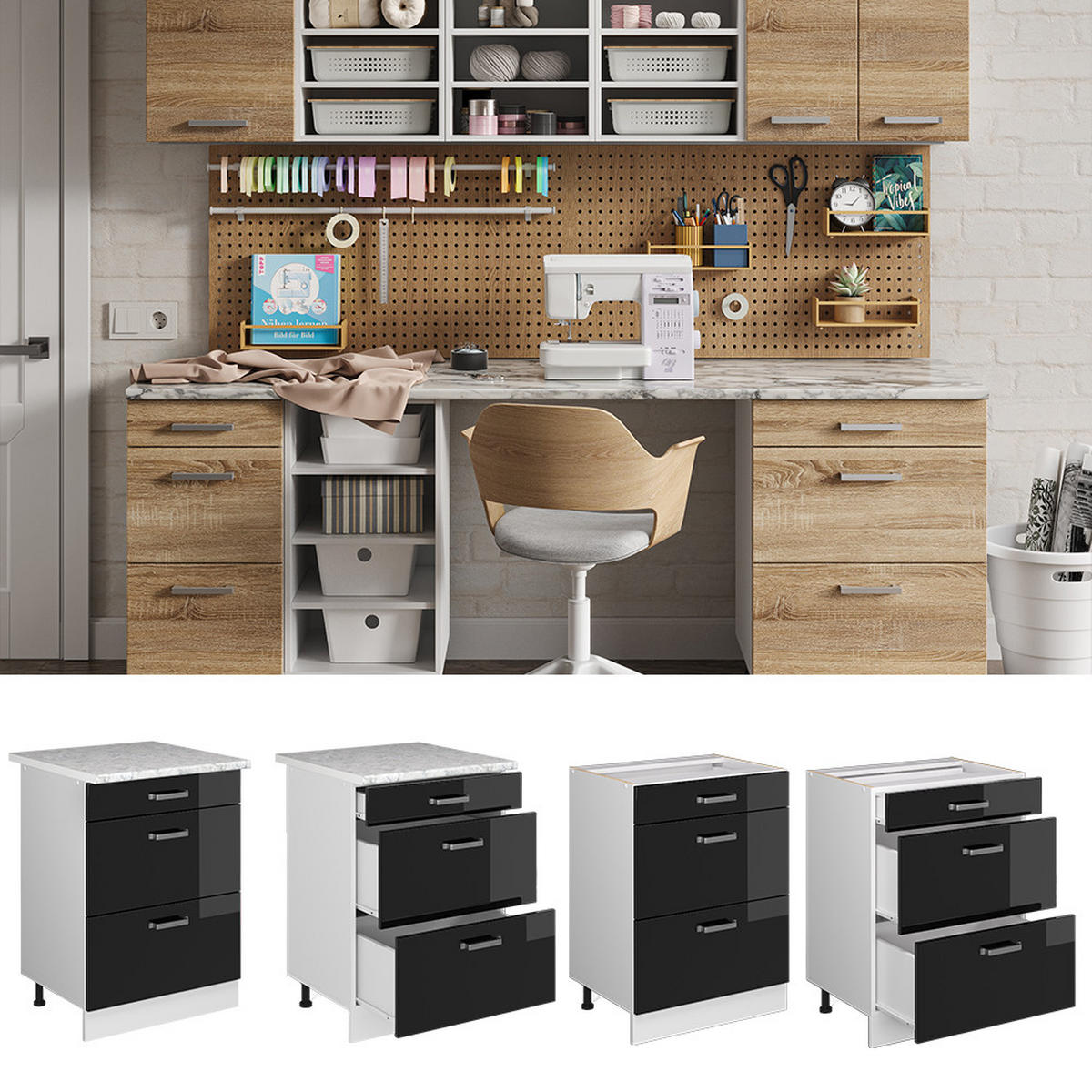 UNTERSCHRANK R-Line Schwarz Hochglanz 60 cm mit Schubladen, ohne AP - Schwarz Hochglanz/Weiß, Holzwerkstoff (60/81.6/46cm) - Vicco