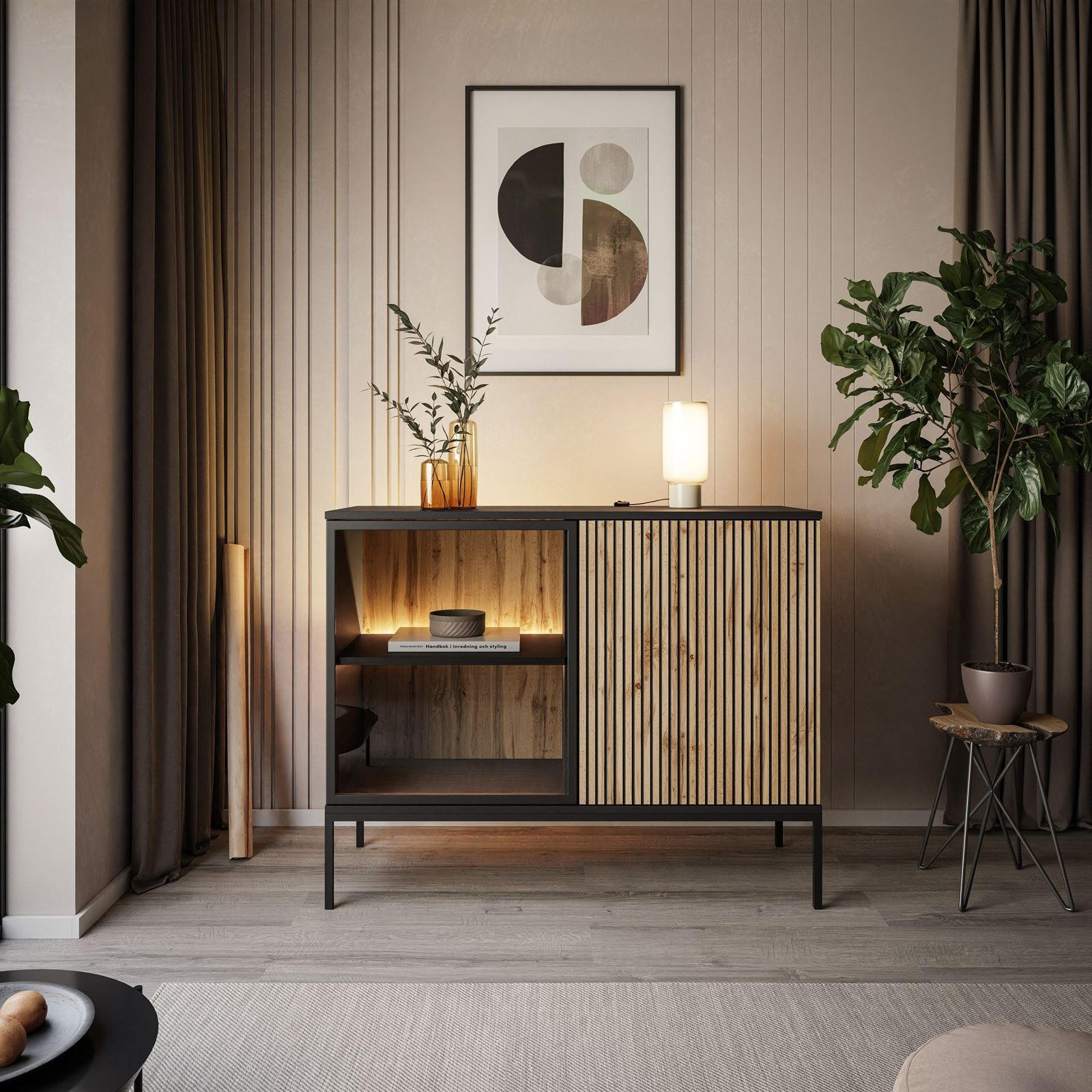 KOMMODE ECLIPSE K104 mit Beleuchtung,Schwarz Eiche Wotan - Eiche Wotan, Holzwerkstoff (104/83/39cm) - Lookway