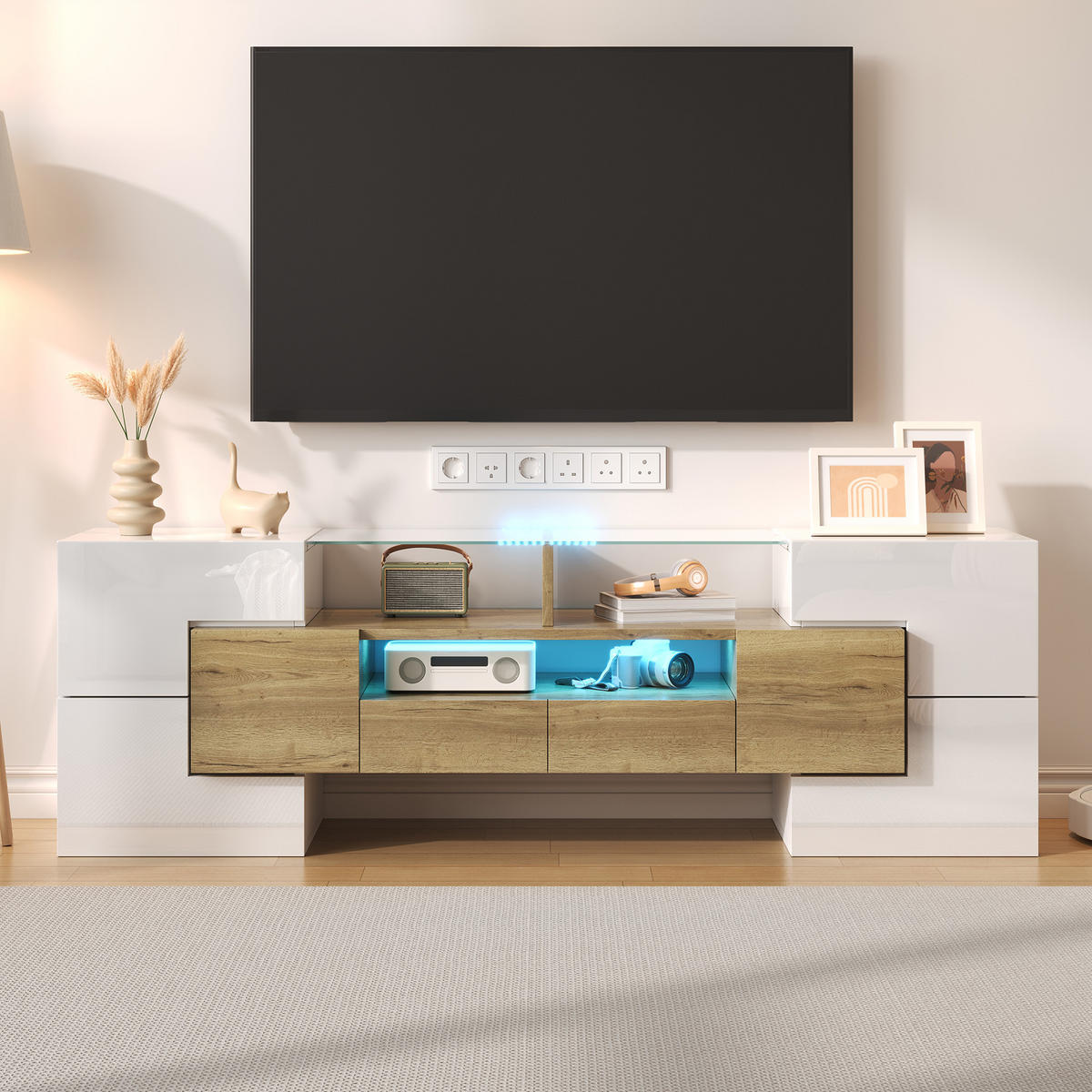 TV-SCHRANK Lowboard Hochglanz Weiß 145cm LED-Beleuchtung Gold Akzenten - Weiß, Holz (38/35/53.59cm) - FLIEKS