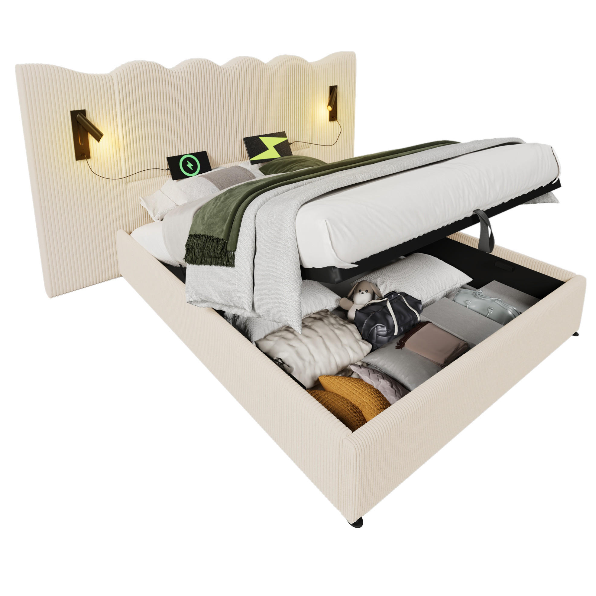 POLSTERBETT 180/200 cm mit Leselampe, USB- und Type-C-Anschlüssen, hydraulischem Bettkasten aus Cordstoff, Beige-Weiß - Weiß, Textil (180/200cm) - Redom