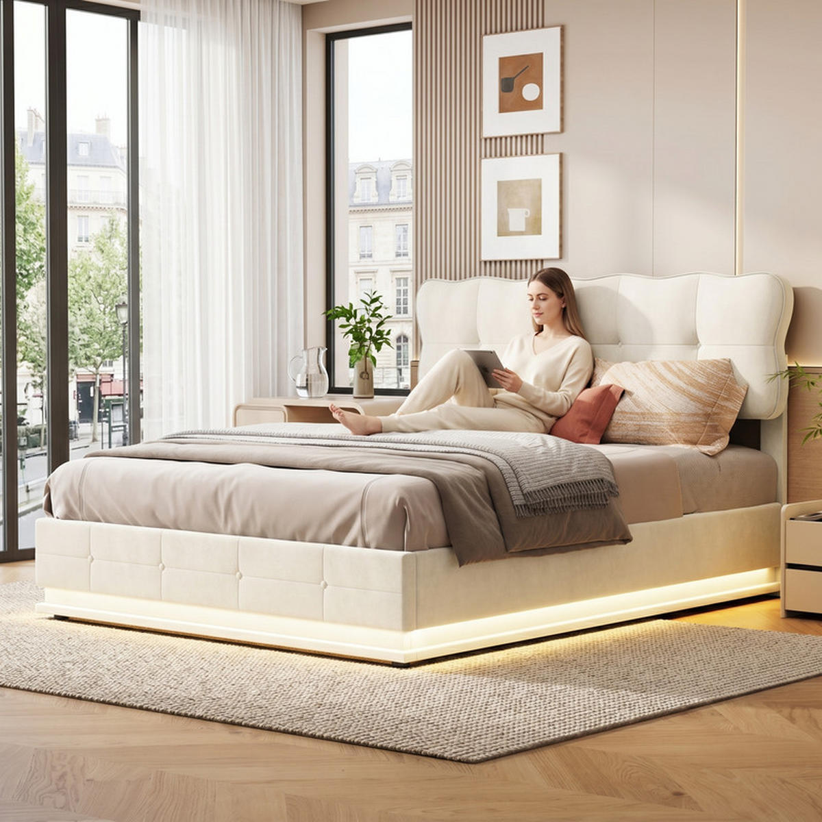 POLSTERBETT 140/190 cm beige mit Stauraum und LED - Beige, Holz
