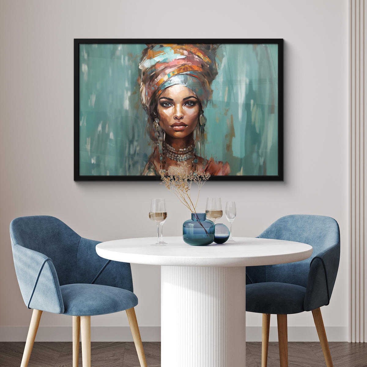 ZARÁMOVANÝ PLAGÁT Žena - Umenie - Šperky - Portrét 90x60 cm - modrosivá, papier (90/60cm) - MuchoWow