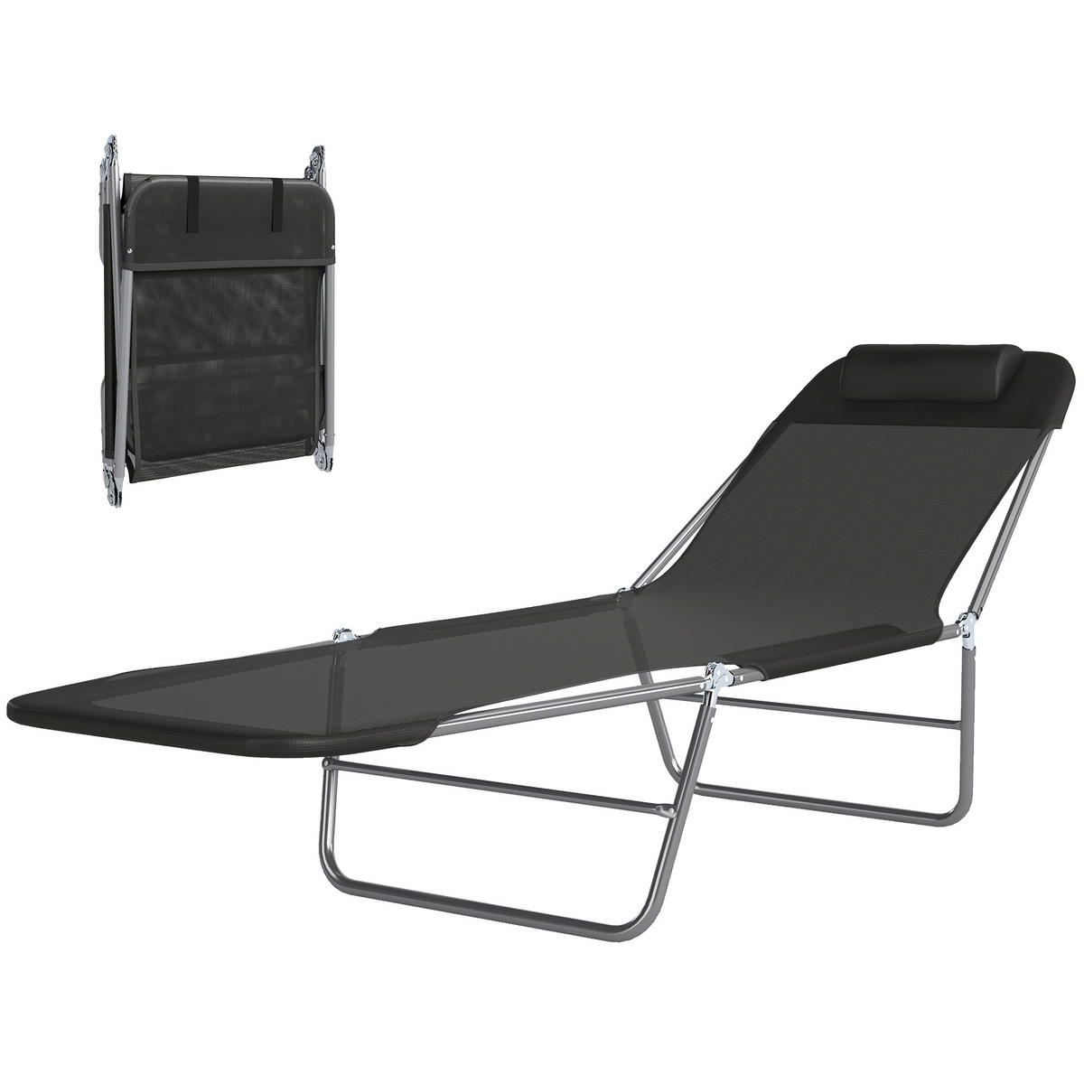 SONNENLIEGE klappbar Gartenliege mit Kopfkissen 5-Fach Campingliege 120kg Schwarz - Schwarz, Metall (182/28/56cm)