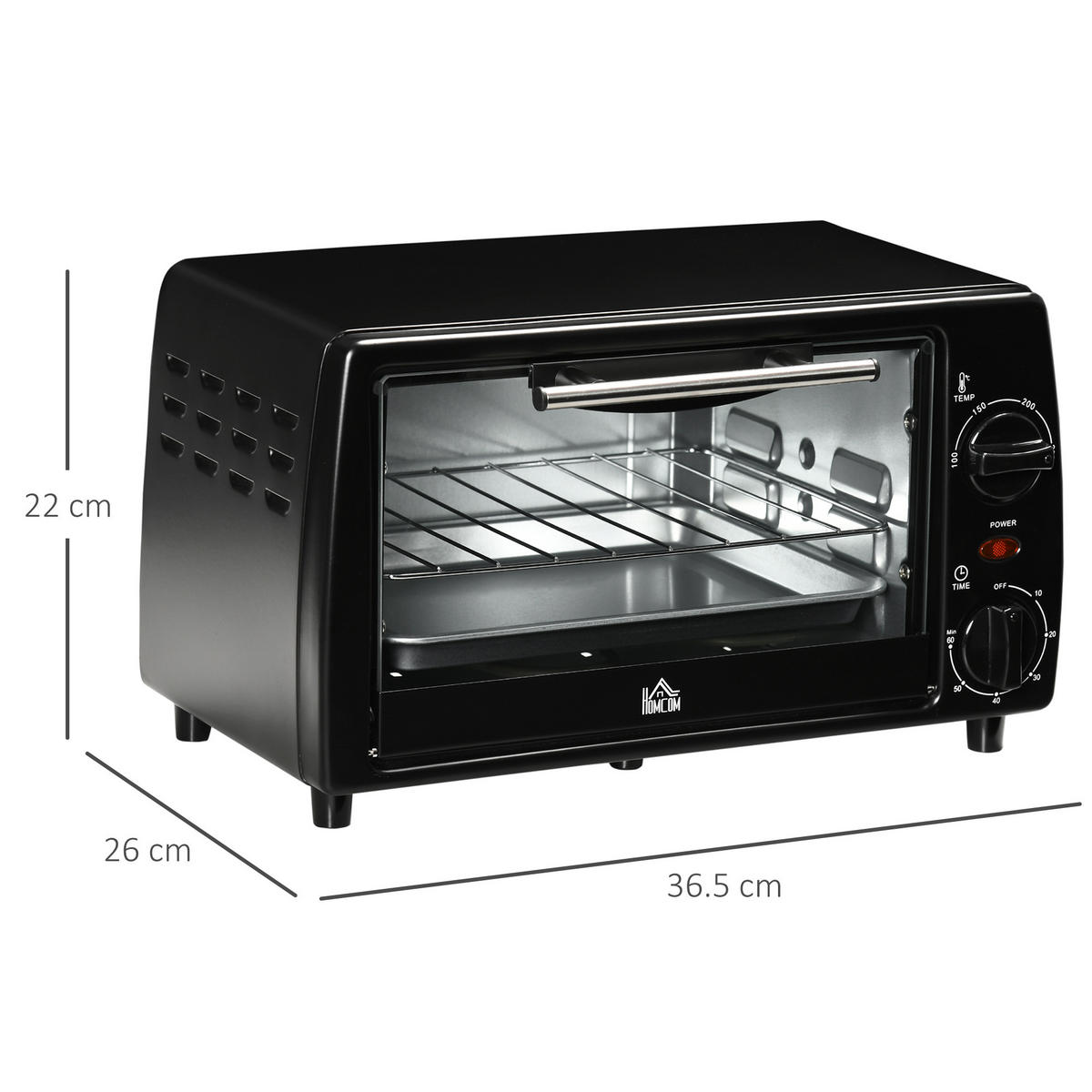 MINIBACKOFEN 10L 750W Elektrobackofen mit Timer, Temperatur bis 230°C, inkl. Backblech & Grillrost, Schwarz - Schwarz, Metall (36.5/22/26cm) - Beaface