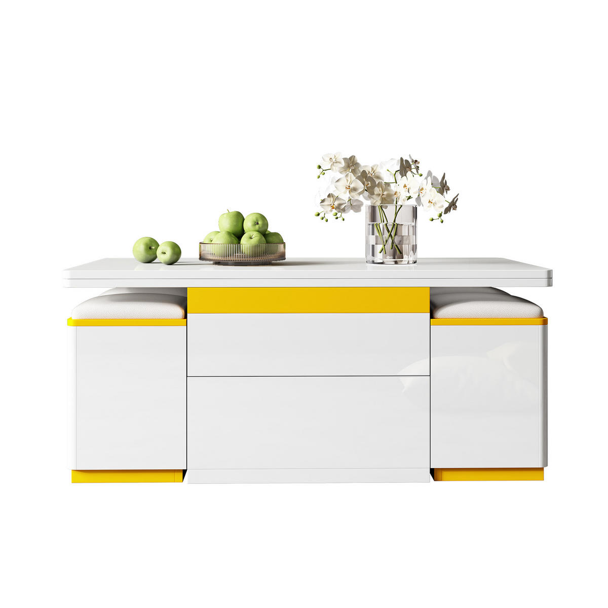 COUCHTISCH höhenverstellbar mit Stauraum und Hockern 100 x 50 x 43 cm - Weiß, Holzwerkstoff (100/50/37cm) - ComfortXL