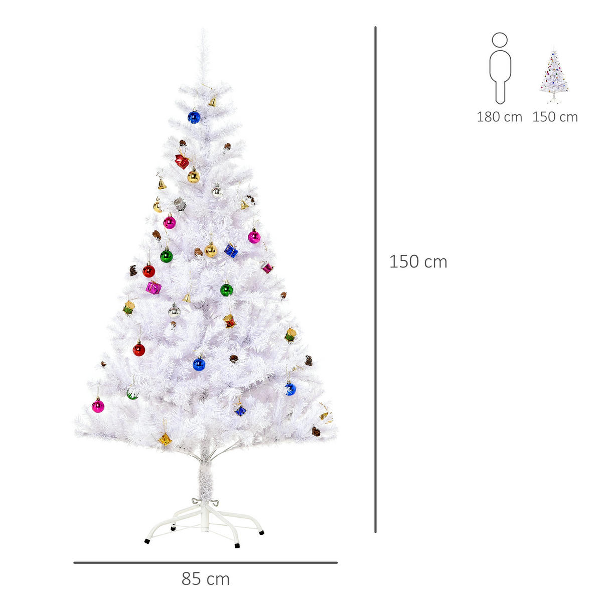WEIHNACHTSBAUM Christbaum Tannenbaum 150/180cm PVC 680 Spitze inkl. Deko Weiß - Weiß, Metall (150cm) - HOMCOM