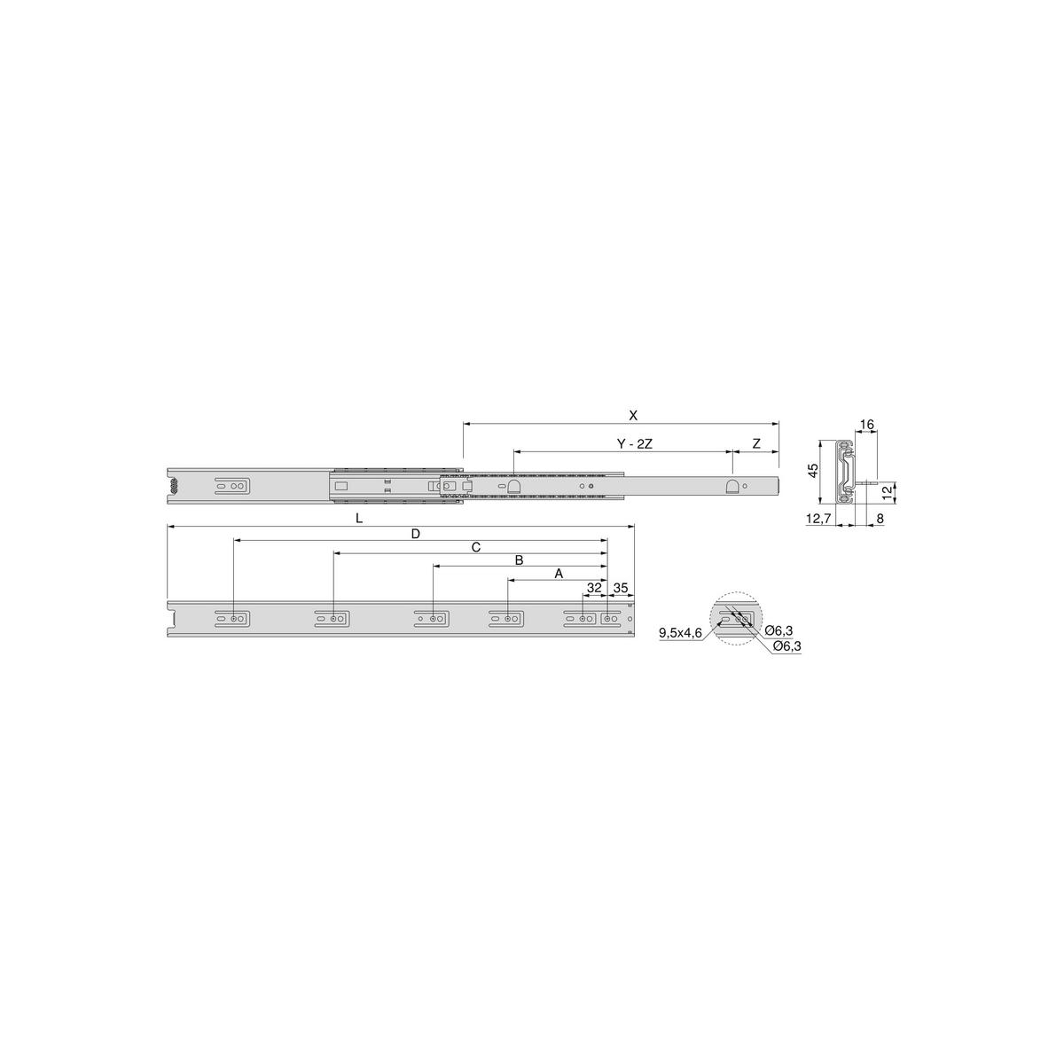 KORPUSSCHIENEEN Kugelgelagerter für Schubladen mit Vollauszug und Klammern, Höhe 45mm, Länge 500mm, Stahl, verzinkt - Zinkfarben, Metall (7.5/4/53cm) - EMUCA
