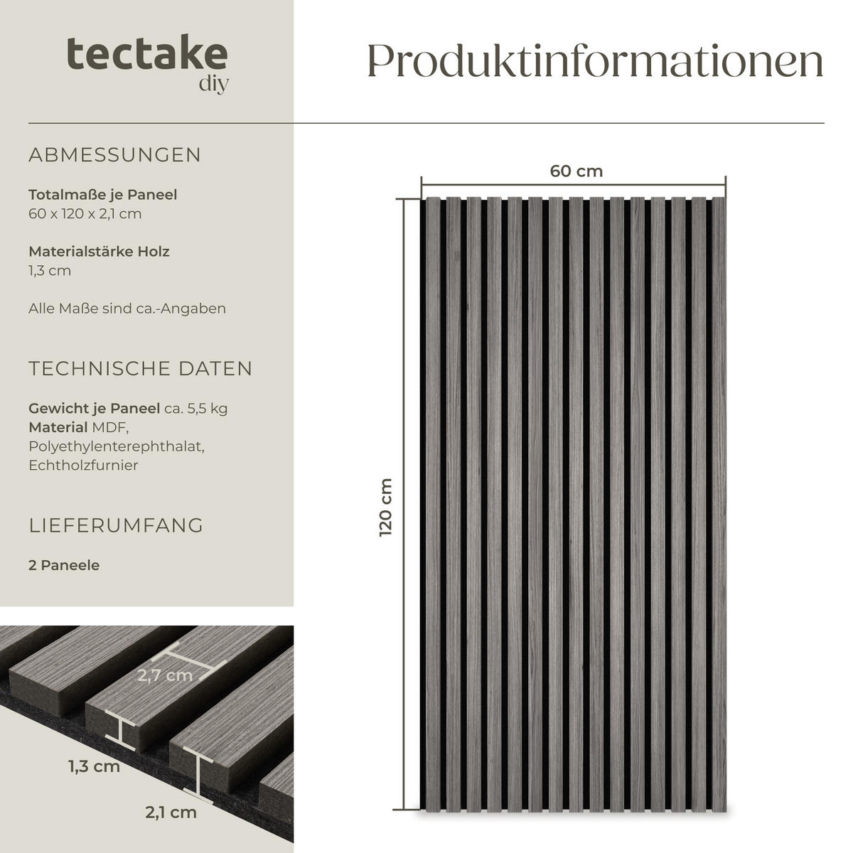 AKUSTIKPANEELE 2er Set Sonic Wall,je 60 x 120 x 2,1 cm, Größe flexibel anpassbar,Eiche hellgrau - Eichefarben/Hellgrau, Holz (60/120/120cm) - tectake