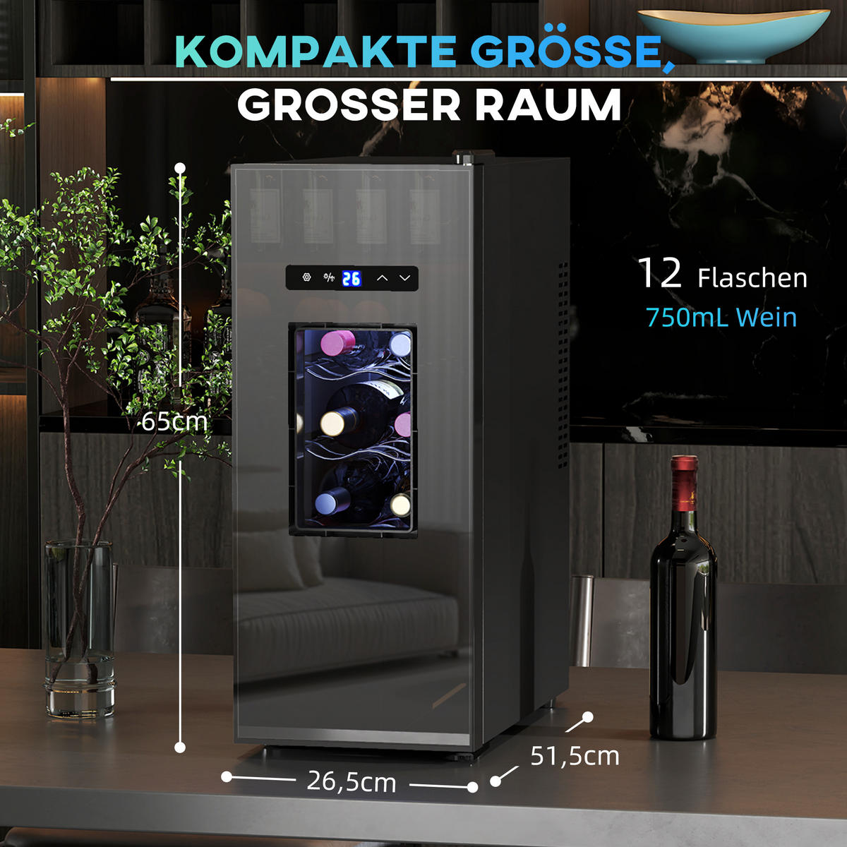 WEINKÜHLSCHRANK Metall Hartglas Schwarz - Schwarz, Metall (51.5/65/26.5cm) - HOMCOM