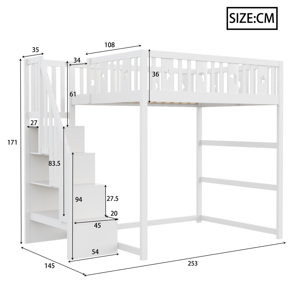 HOCHBETT 140/200 cm aus Massivholz mit Treppe, Regal und Sofabereich in Weiß - Weiß, Holz (140/200cm) - Flora Grace