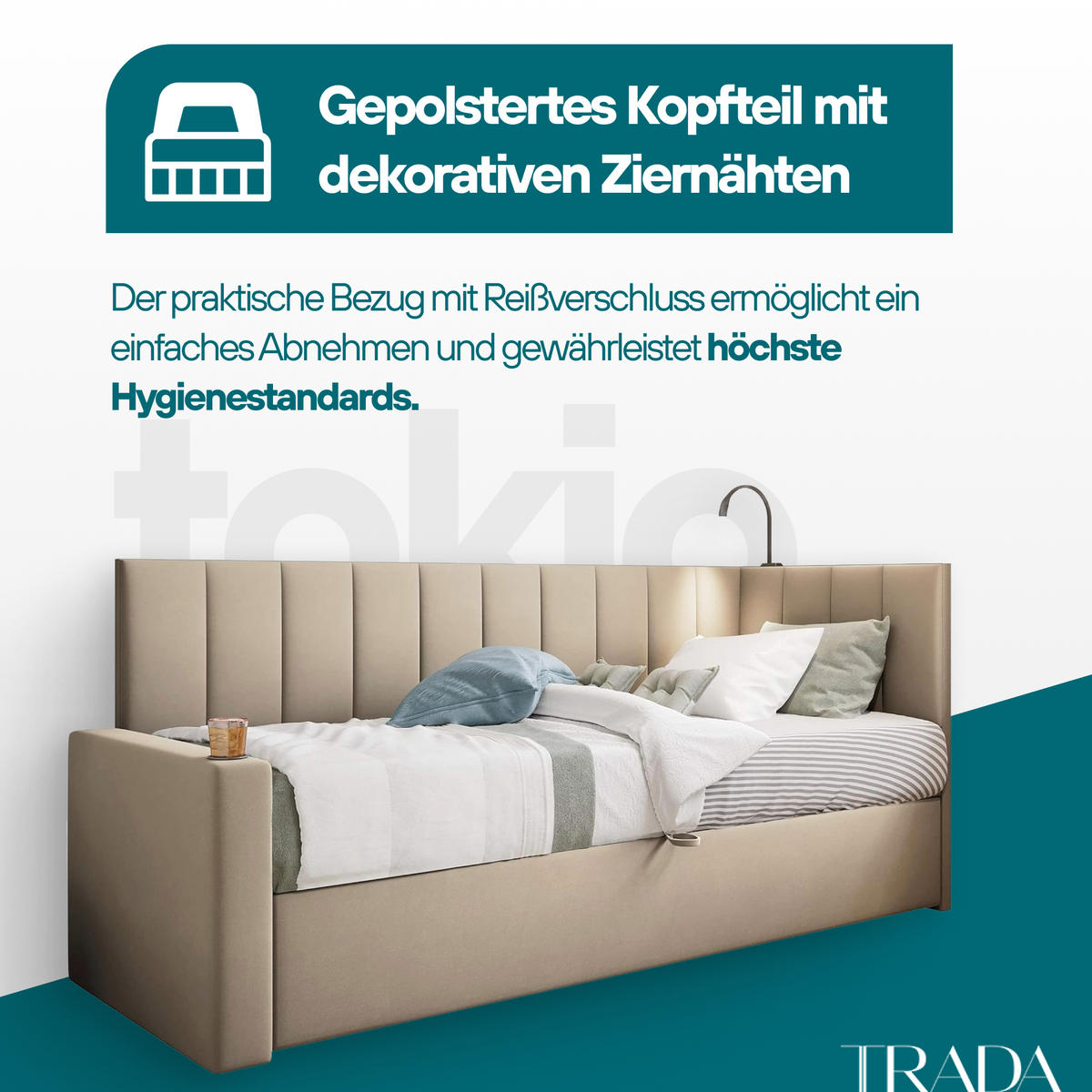 JUGENDBETT, 80 x 200 cm, Tokio, Bett mit Bonellmatratze H3 und Bettkasten, Einzelbett, Grau - Grau, Holzwerkstoff/Kunststoff (80/200cm) - Trada