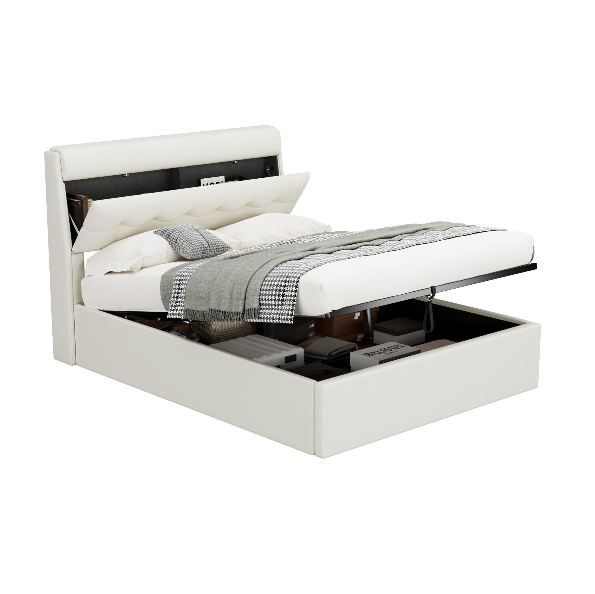 ČALOUNĚNÁ postel, 140/200 cm, PU bílá, s hydraulickým úložným prostorem - bílá, plast (140/200cm) - BEAOK