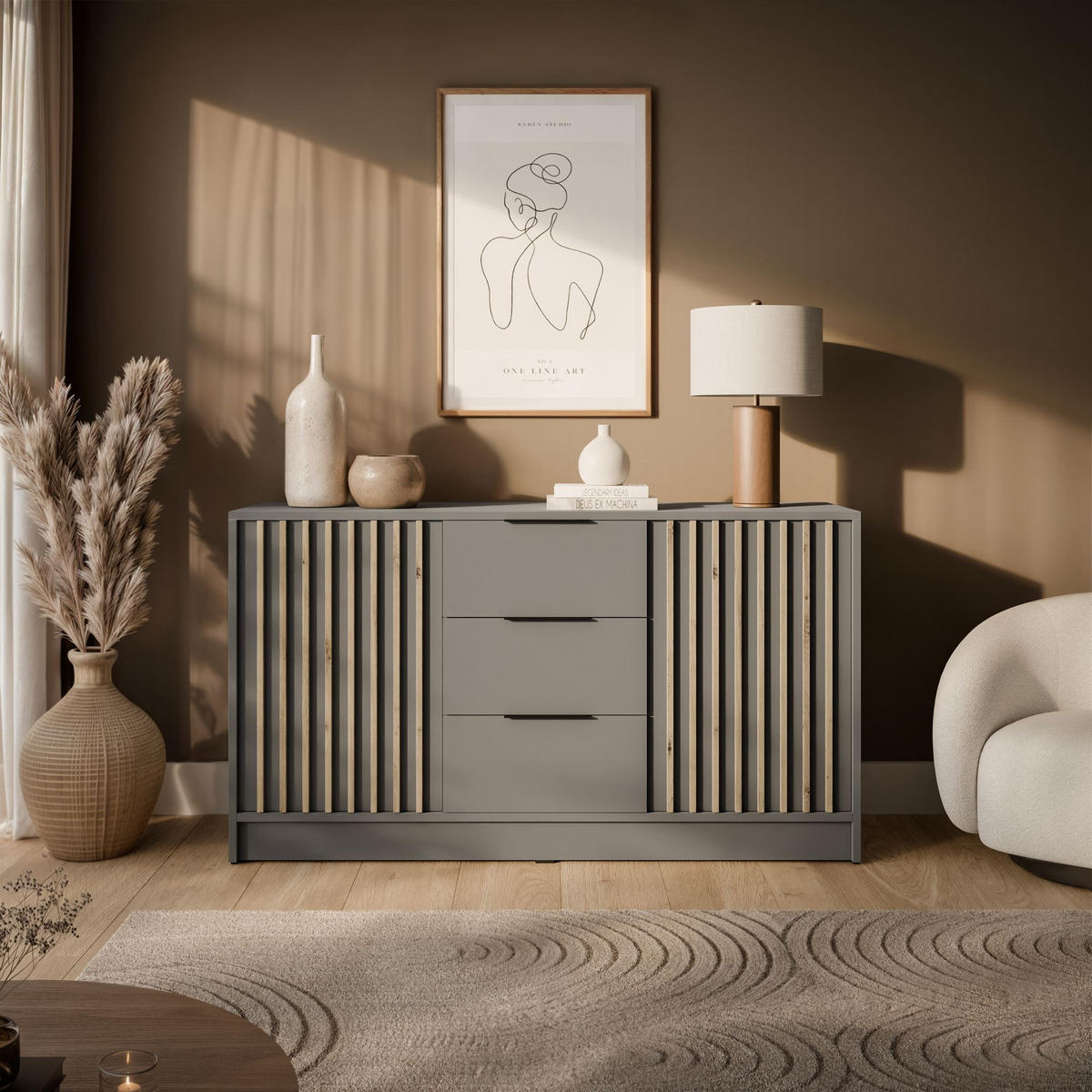 KOMMODE NELA, zweitürig mit Lamellen, Grau/Artisan - Grau, Holzwerkstoff (155/86/45cm) - Lookway