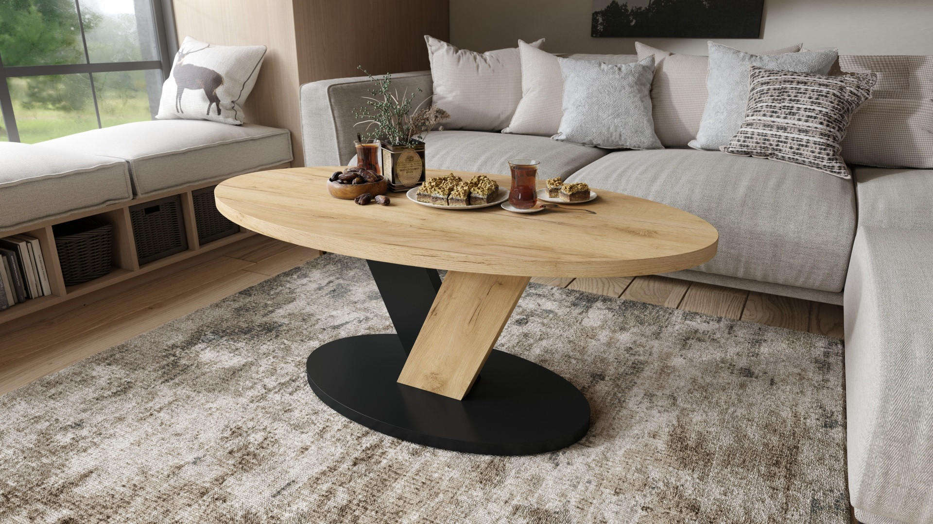 COUCHTISCH Oval Eiche Gold - Schwarz mit Ablage - Ecru/Schwarz, Holzwerkstoff (60/110/45cm) - designimpex