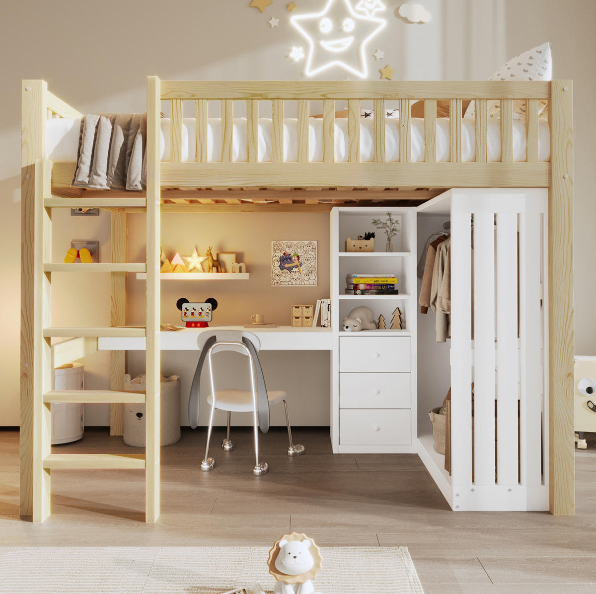 HOCHBETT 140/200 cm Natur aus Kiefernholz und MDF mit Schreibtisch - Naturfarben, Holz (140/200cm) - OKMYHOME