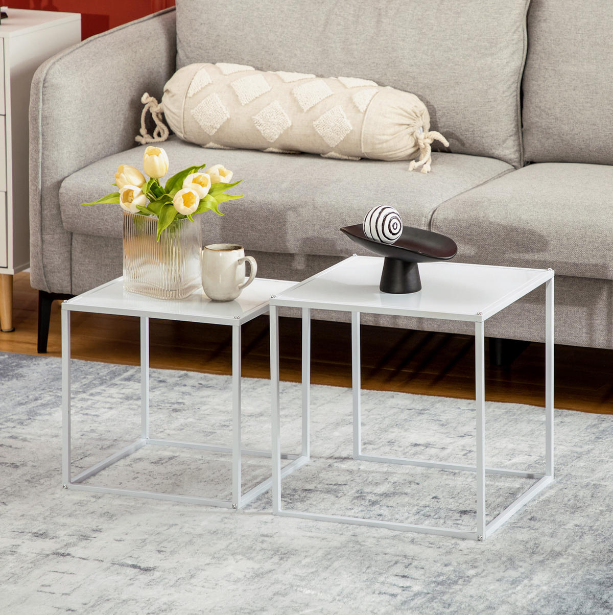 SET klubskih stolića 40/40/40 i 35/35/35 cm bijeli od čelika kvadratni moderni dizajn - bijela, metal (40/40/40cm) - OKWISH