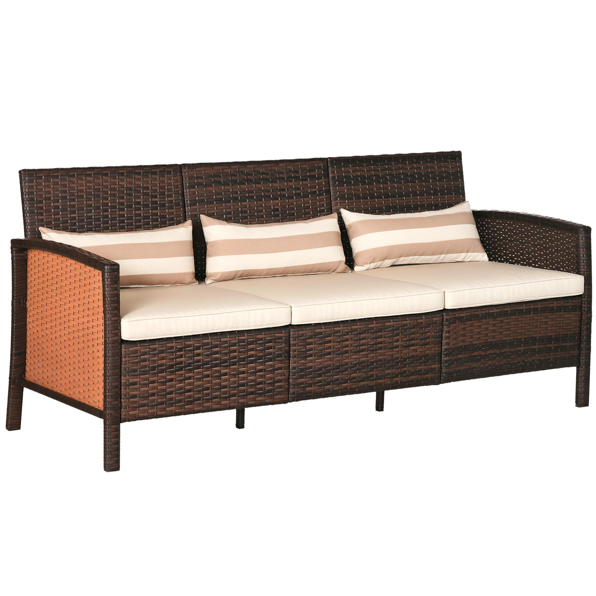 RATTAN SOFA MIT KISSEN DE-06664 3-Sitzer, wetterfest Braun - Braun, Kunststoff/Metall (68/78/173cm) - ComfortXL