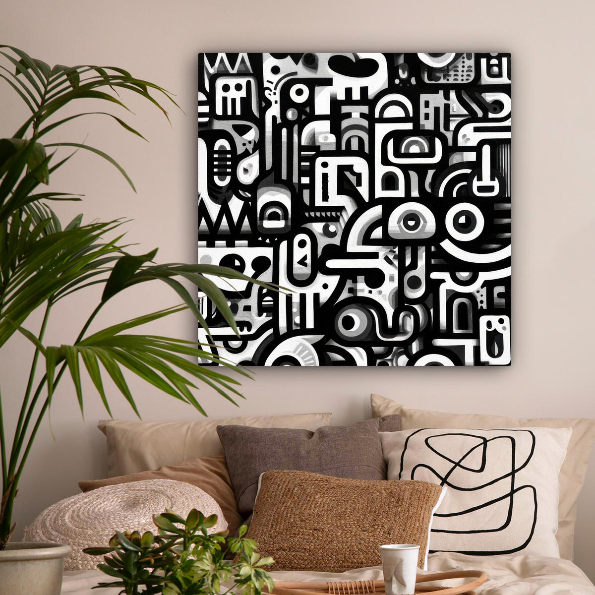 LEINWANDBILD Symbole - Abstrakt - Grafik - Schwarz Deko Groß 90x90 cm - Schwarz, Textil (90/90cm) - MuchoWow