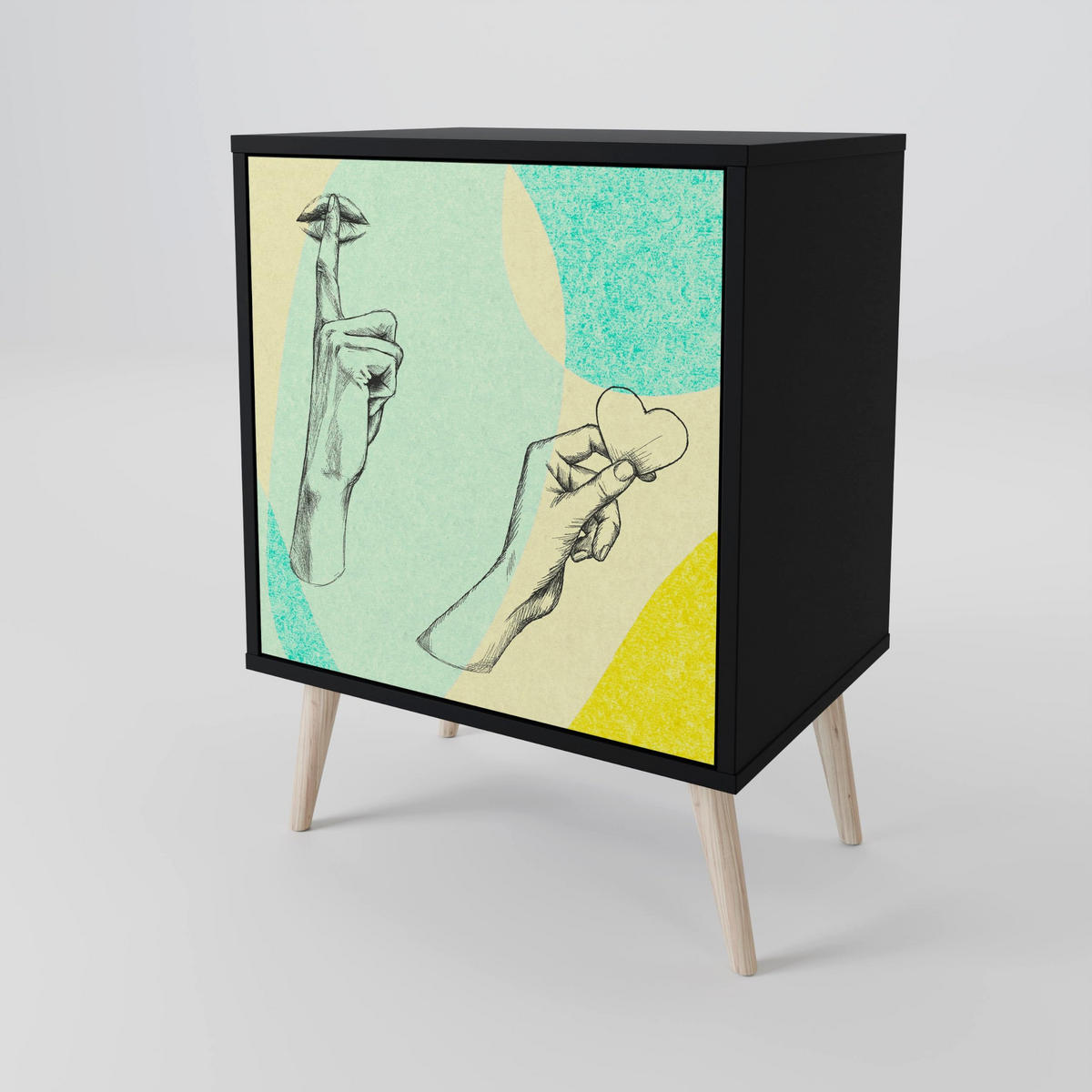 SIDEBOARD BODY LANGUAGE, Schwarz, 57,5x42x72,5 cm, Schwarze Metallfüße - Multicolor/Schwarz, Holzwerkstoff/Metall (57.5/72.5/42cm) - SpaceRebels