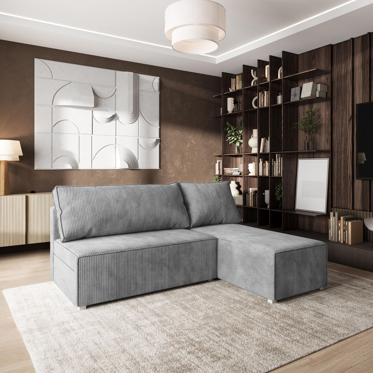 ROHOVÁ SEDAČKA BRISO světle šedá - šedá/světle šedá, dřevo/textil (200/140cm) - MASSENO