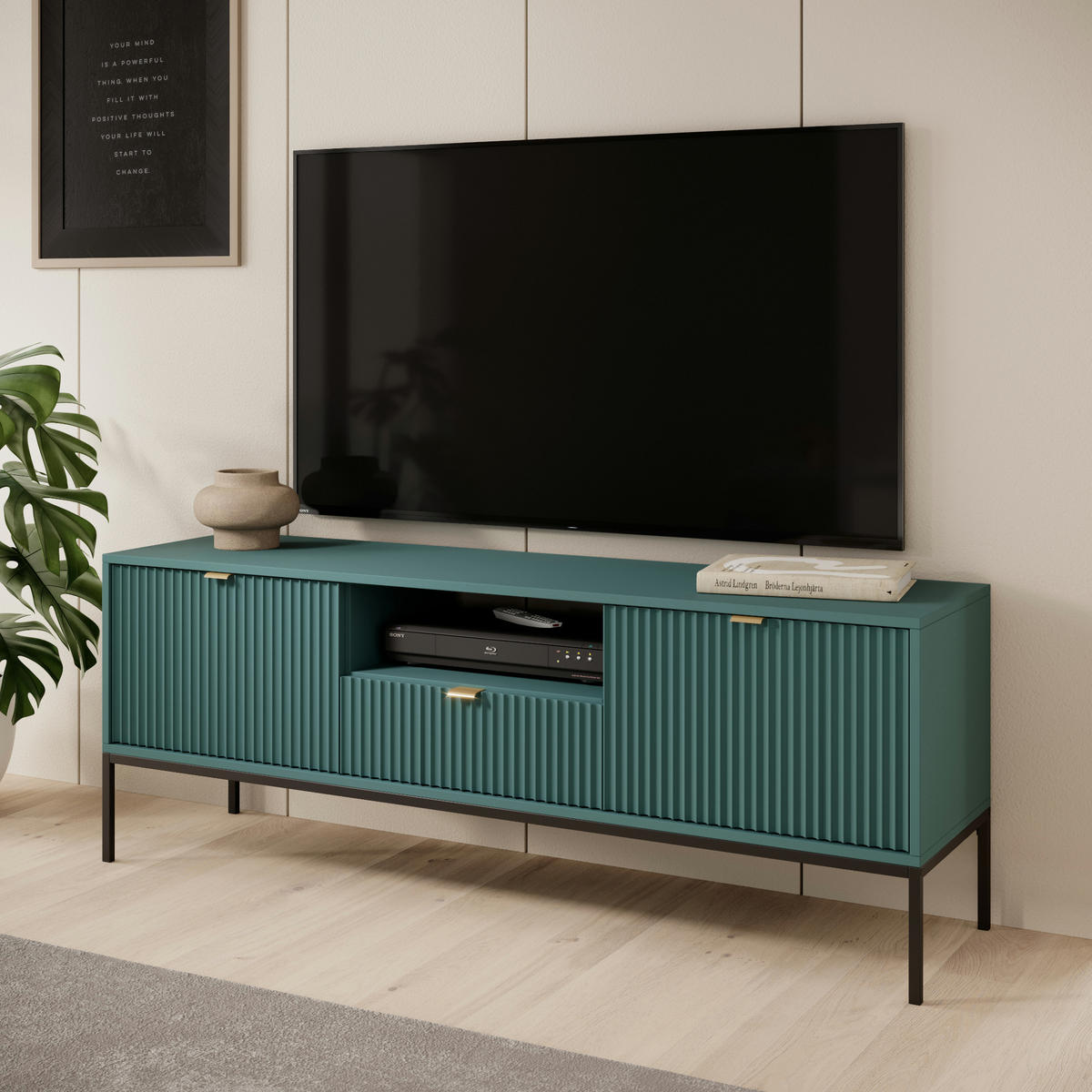 LOWBOARD TV NANAIMO RTV1-2D1S Profilierte Fronten, Grün - Grün, Holzwerkstoff/Kunststoff (154/56/39cm) - Komodee