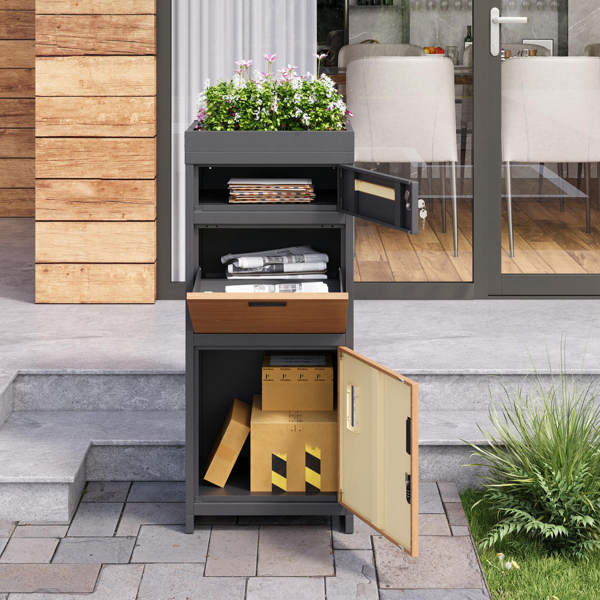 PAKETBRIEFKASTEN Mit Blumentrog Holzoptik/Grau - Braun, Metall (37/118.5/50cm) - ComfortXL