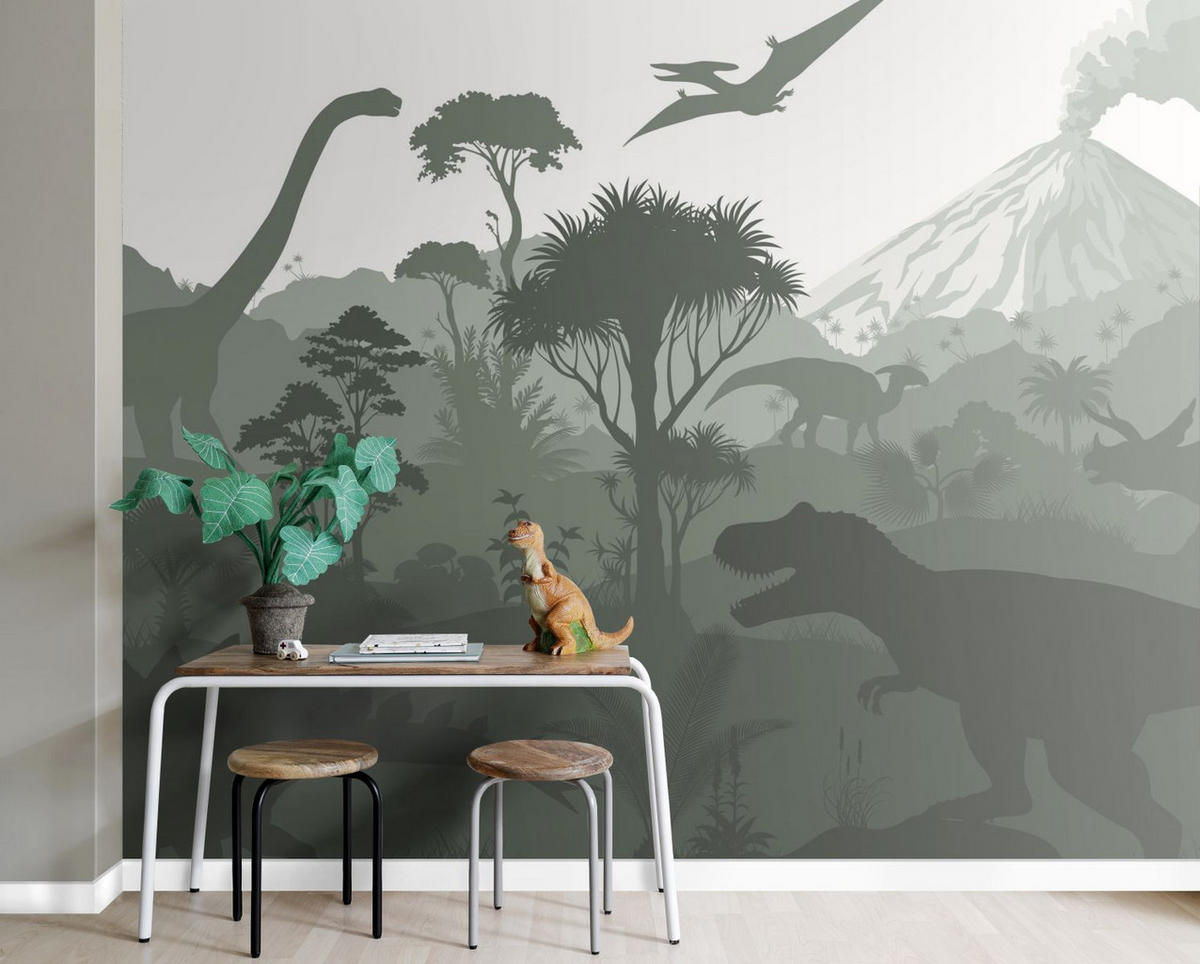 FOTOTAPETE Dinosaurier 300 x 279 cm - Grün, Papier (300/279cm) - ESTAhome