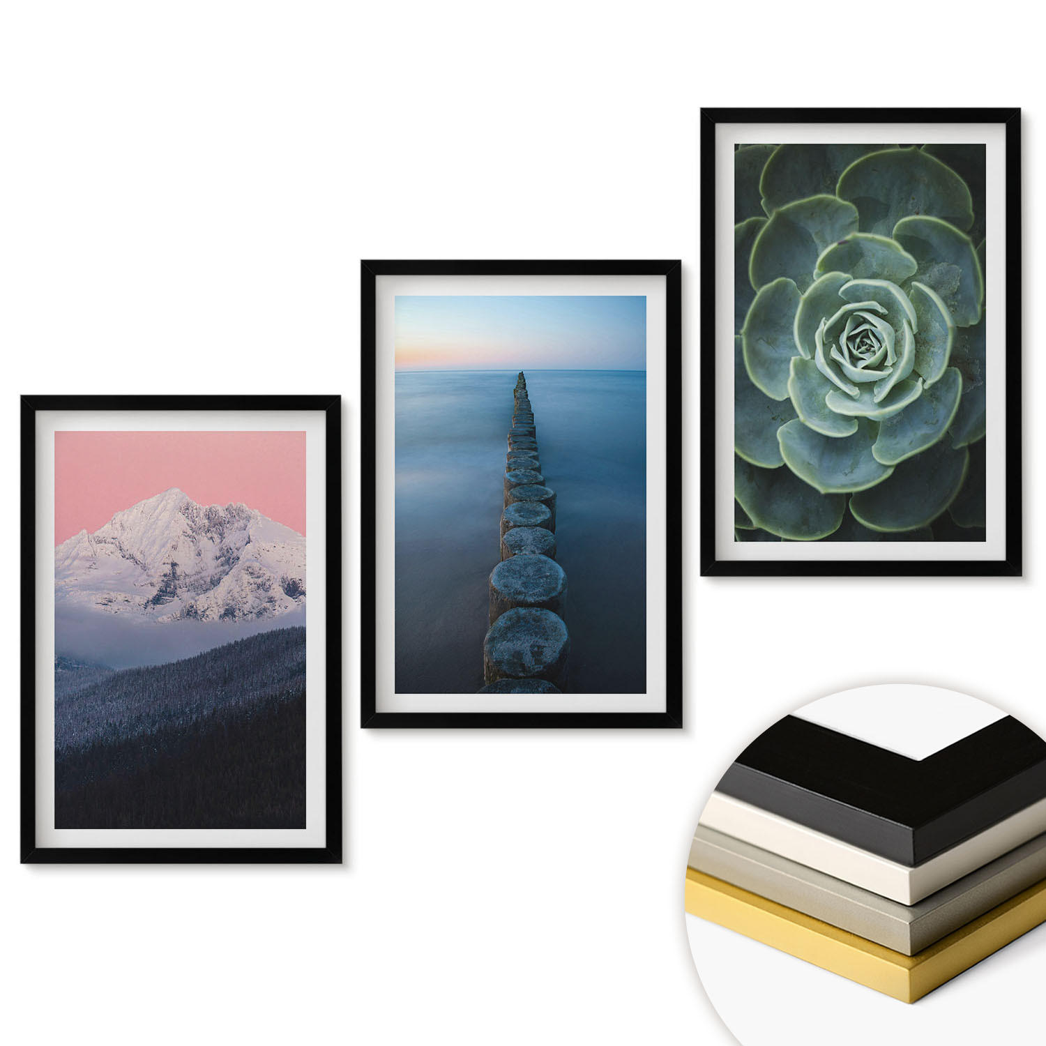 WANDBILDER 3er-Set - 40x60 cm Schwarzer Rahmen - Berge, rosa Himmel, Wasser, Sukkulente - Schwarz, Kunststoff (40/60cm) - ArtPrintCave