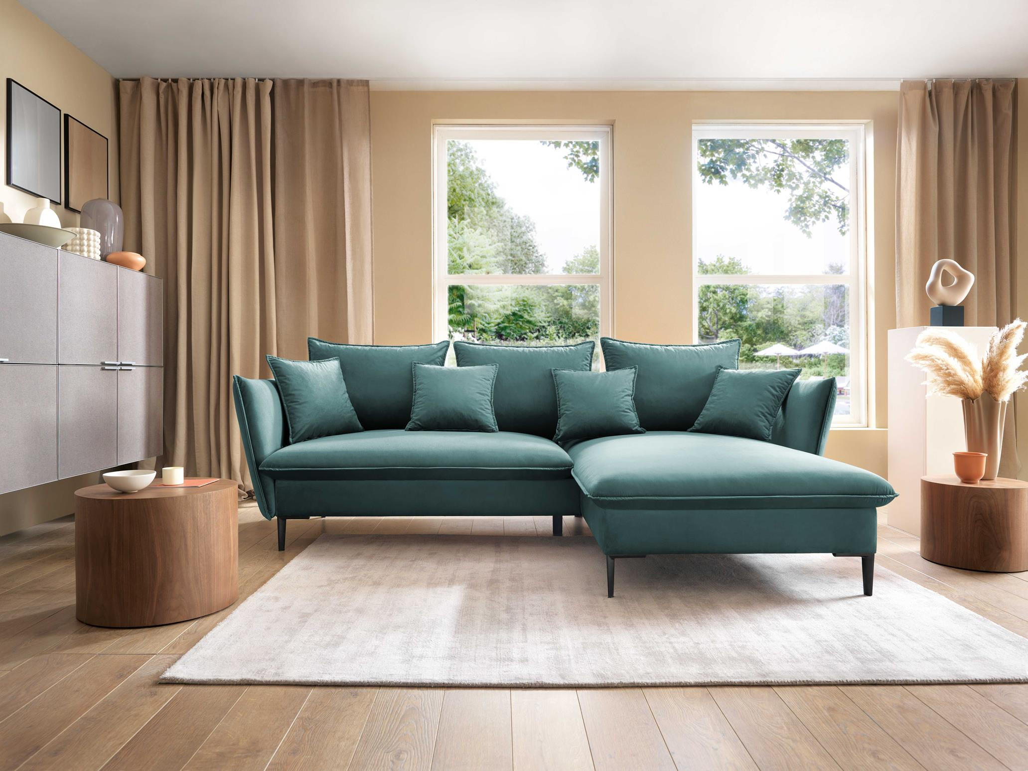 ECKSOFA Rossa Türkis, mit Schlaffunktion und Kissen Rechts - Türkis, Holzwerkstoff (258/167cm) - Bettso