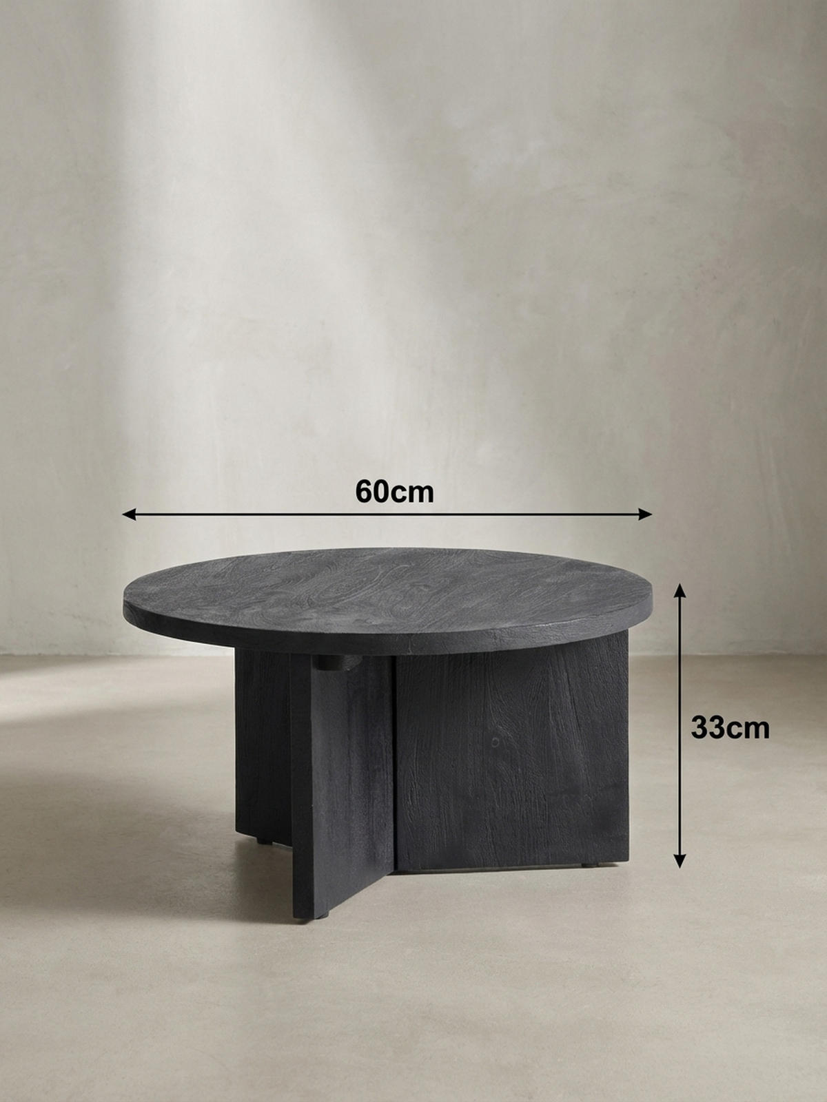COUCHTISCH rund in Schwarz, aus Massivholz Mango, 60x60x33cm, Dreibein-Design, mit Naturholzmaserung - Schwarz, Holz (60/60/33cm) - KADIMA DESIGN