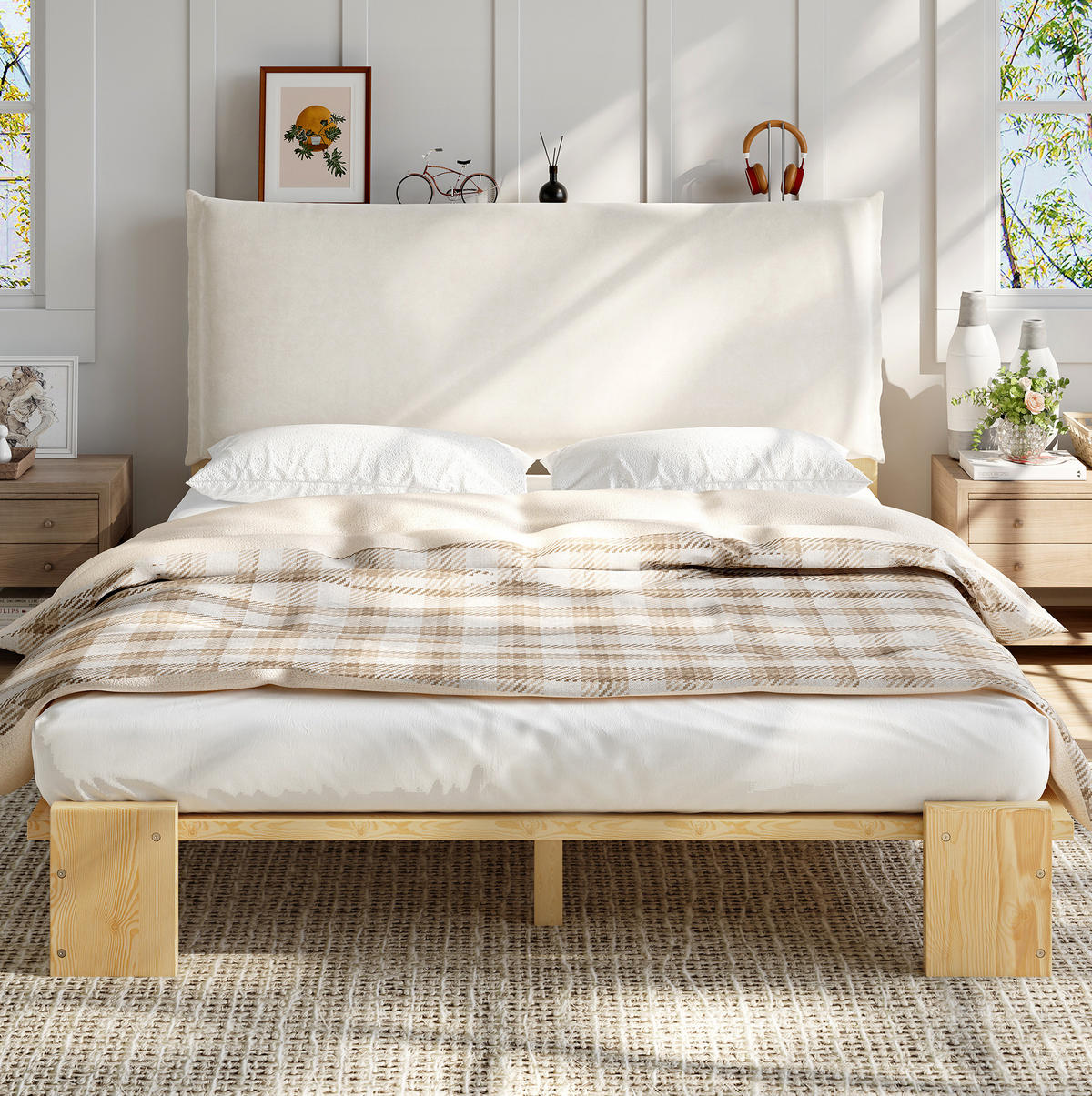 POLSTERBETT 140/200 cm Natur aus Holz und Stoff mit gepolsterter Rückenlehne - Naturfarben, Textil (140/200cm) - OKMYHOME