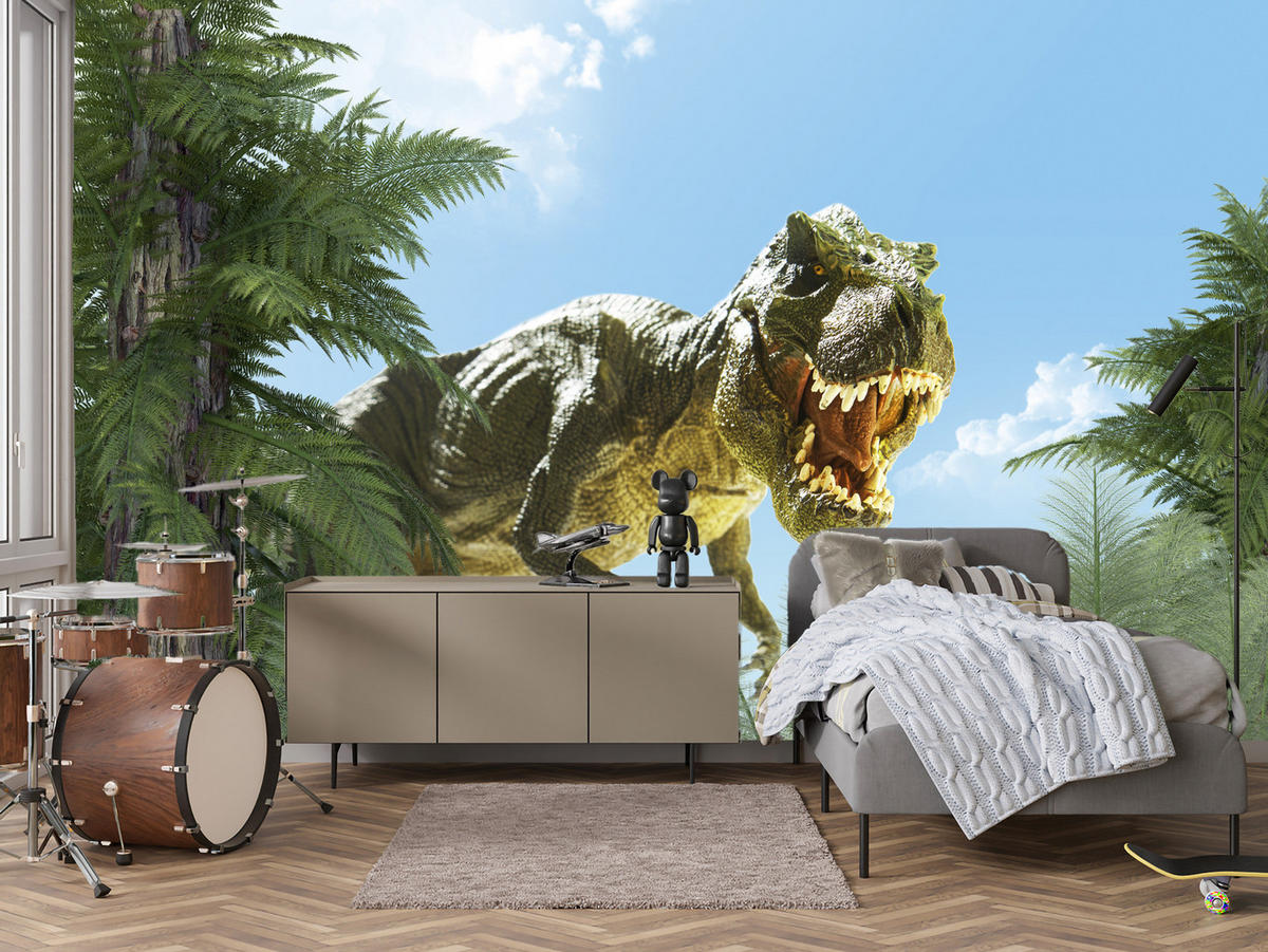 FOTOTAPETE für Jugendzimmer Riesen Dinosaurier Tropenwald Pflanzen 450x315 - Blau/Braun, Papier (450/315cm) - Muralo