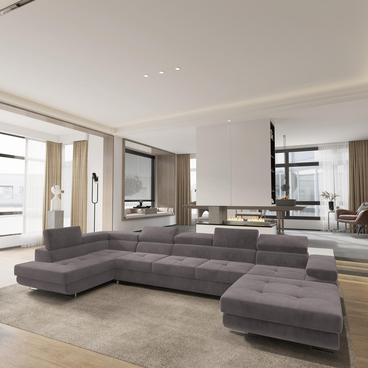 WOHNLANDSCHAFT TORIVA L-S Lila Velours-Stoff mit Schlaffunktion - Lila, Holz (418/90/202cm) - MASSENO