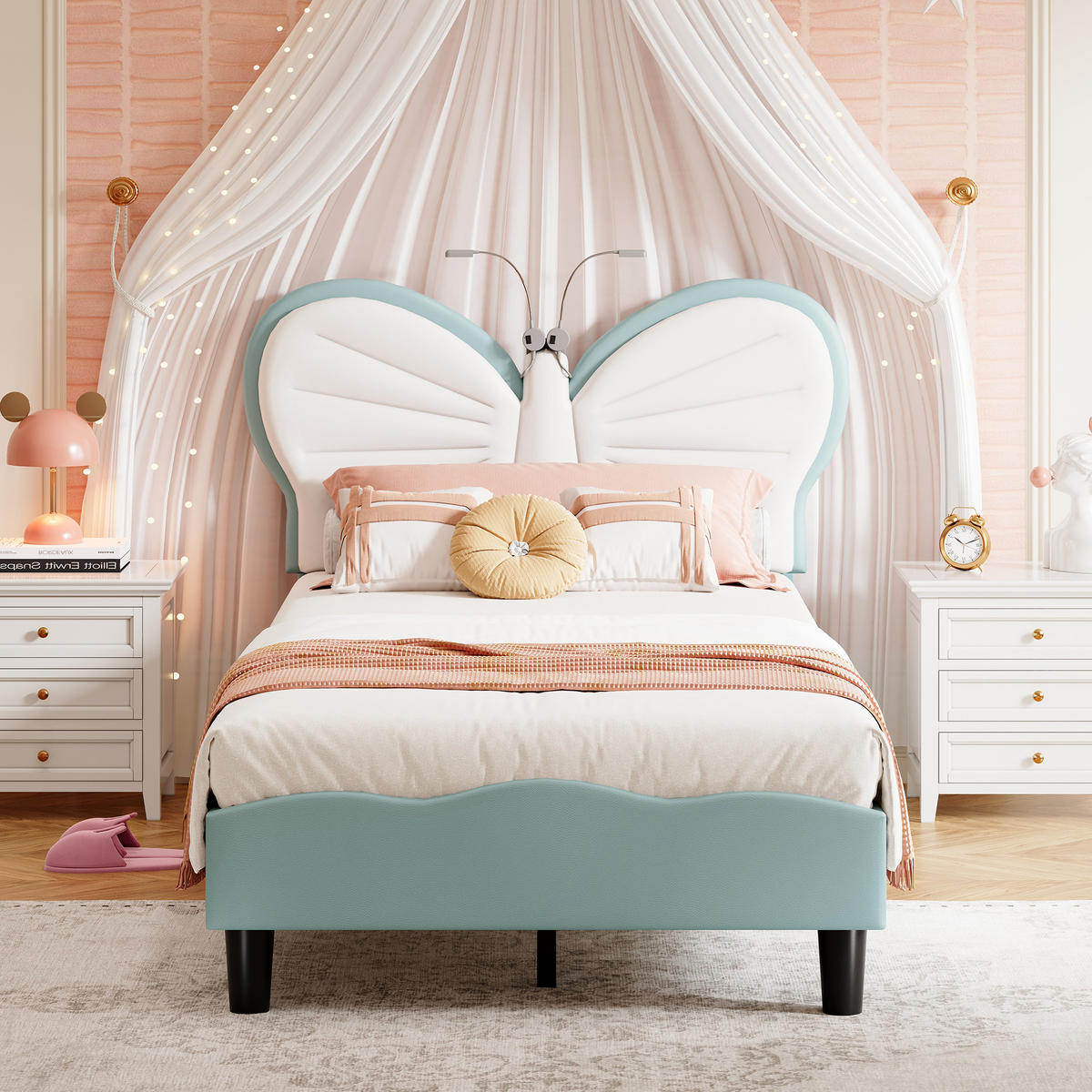 POLSTERBETT 90x200cm Blau Mit LED-Leselampe & Verstellbarem Kopfteil - Blau, Holz (90/200cm)