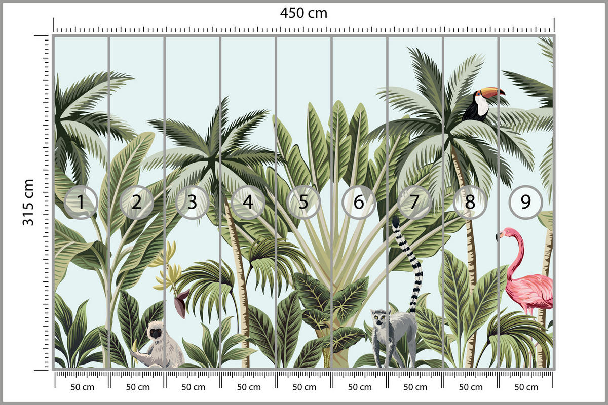 FOTOTAPETE für Schlafzimmer Exotische Tiere Dschungel Flamingo 450x315 - Schwarz/Weiß, Papier (450/315cm) - Muralo
