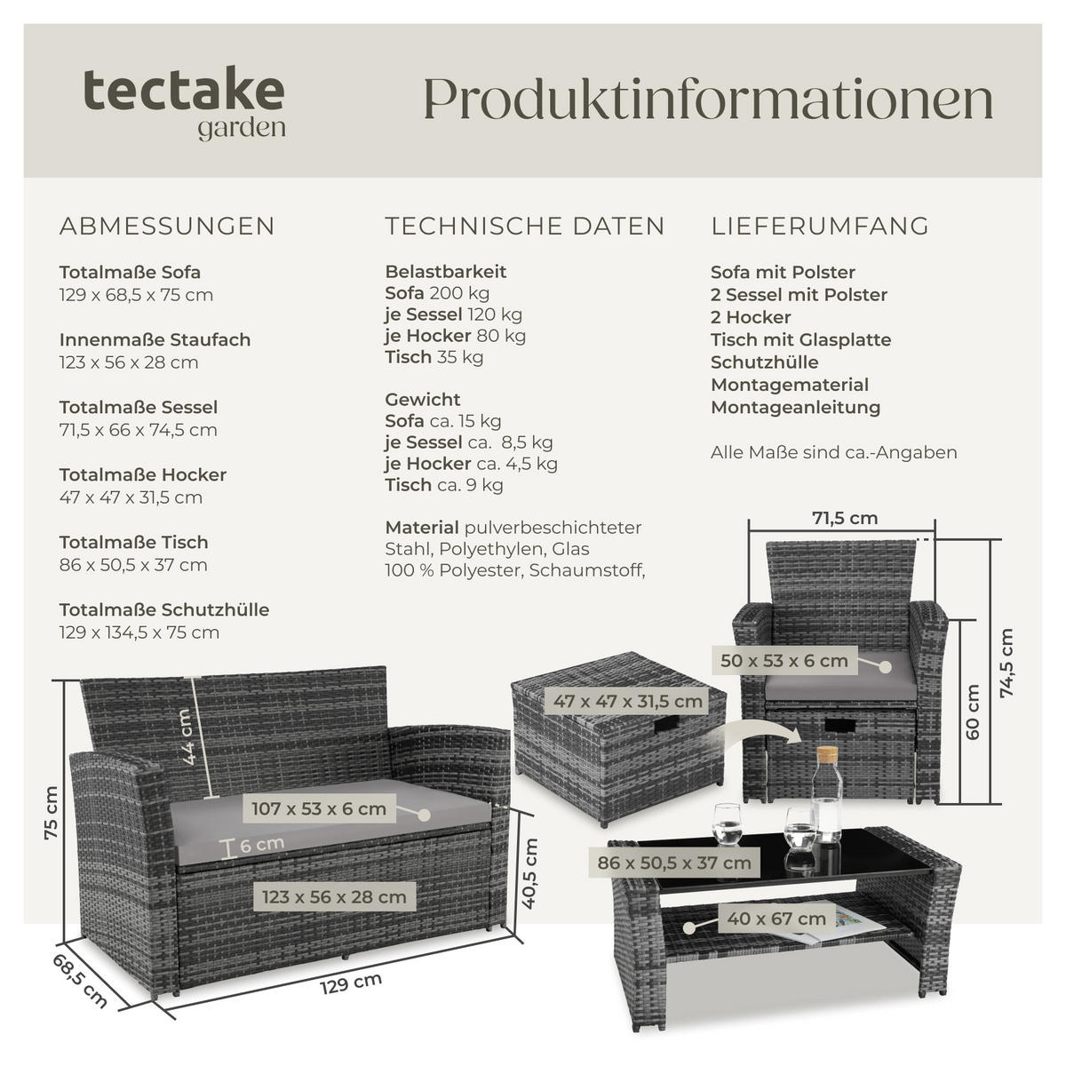 RATTAN SITZGRUPPE Modena,inklusive Staufach und Schutzhülle,grau - Grau, Kunststoff - tectake