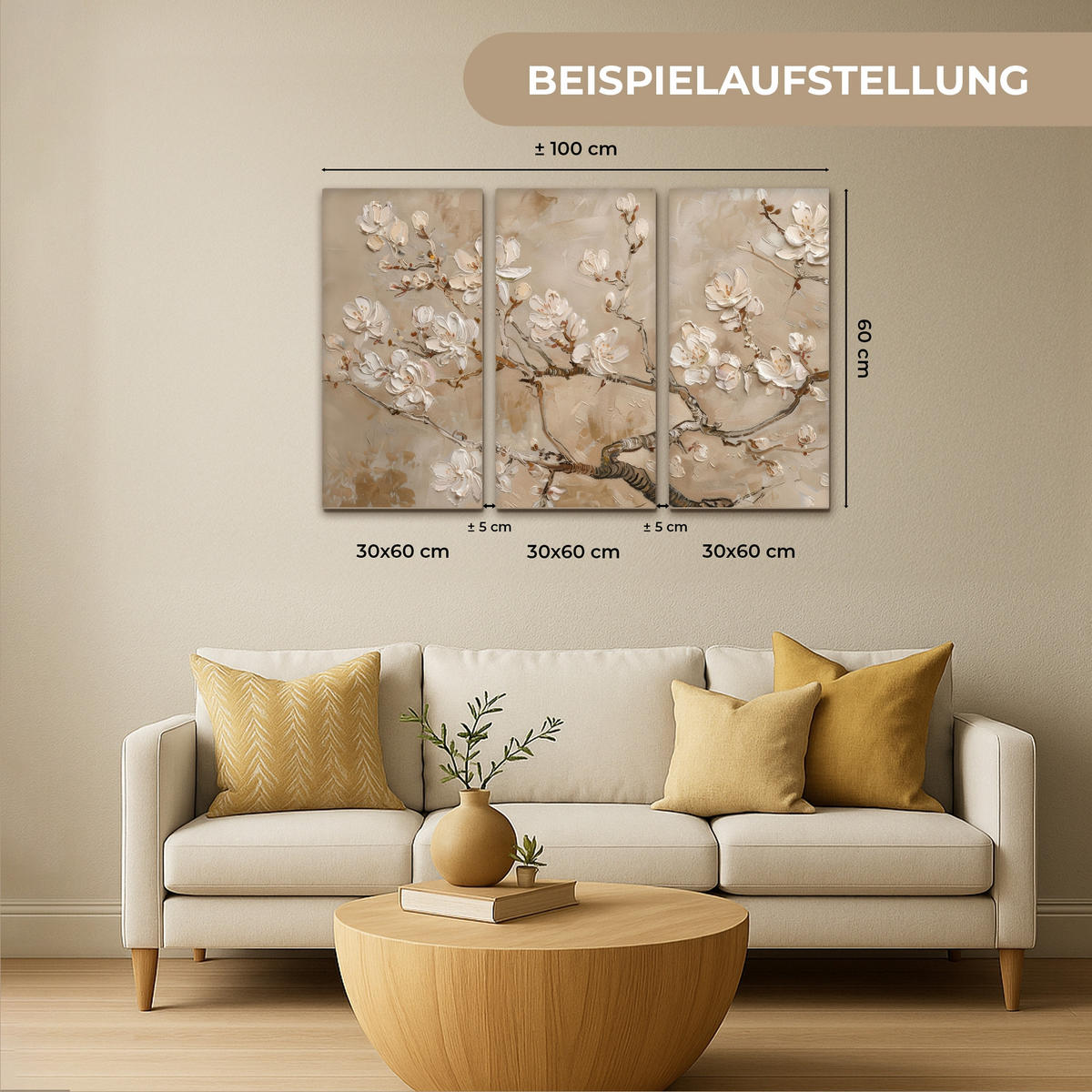 OBRAZ NA PLÁTNĚ 3dílná sada Béžová - Blossom - Moderní 90x60 cm - béžová, textil (90/60cm) - MuchoWow