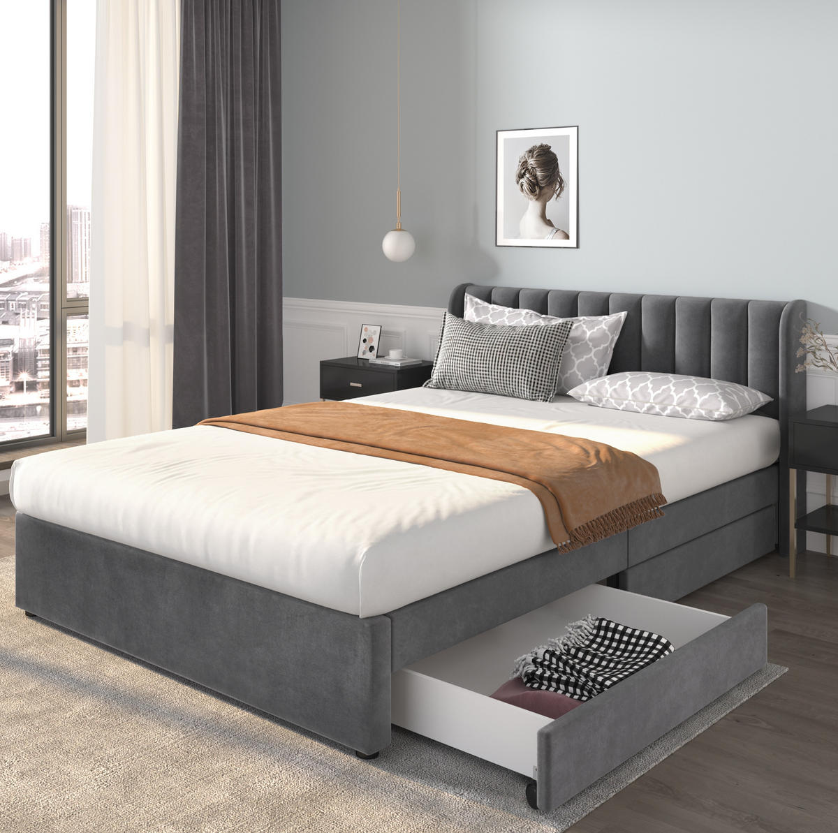 POLNJENA postelja iz žameta 140x200 cm siva z letvenim dnom, vzglavjem in 2 predaloma - siva, tekstil (140/200cm) - Modfu