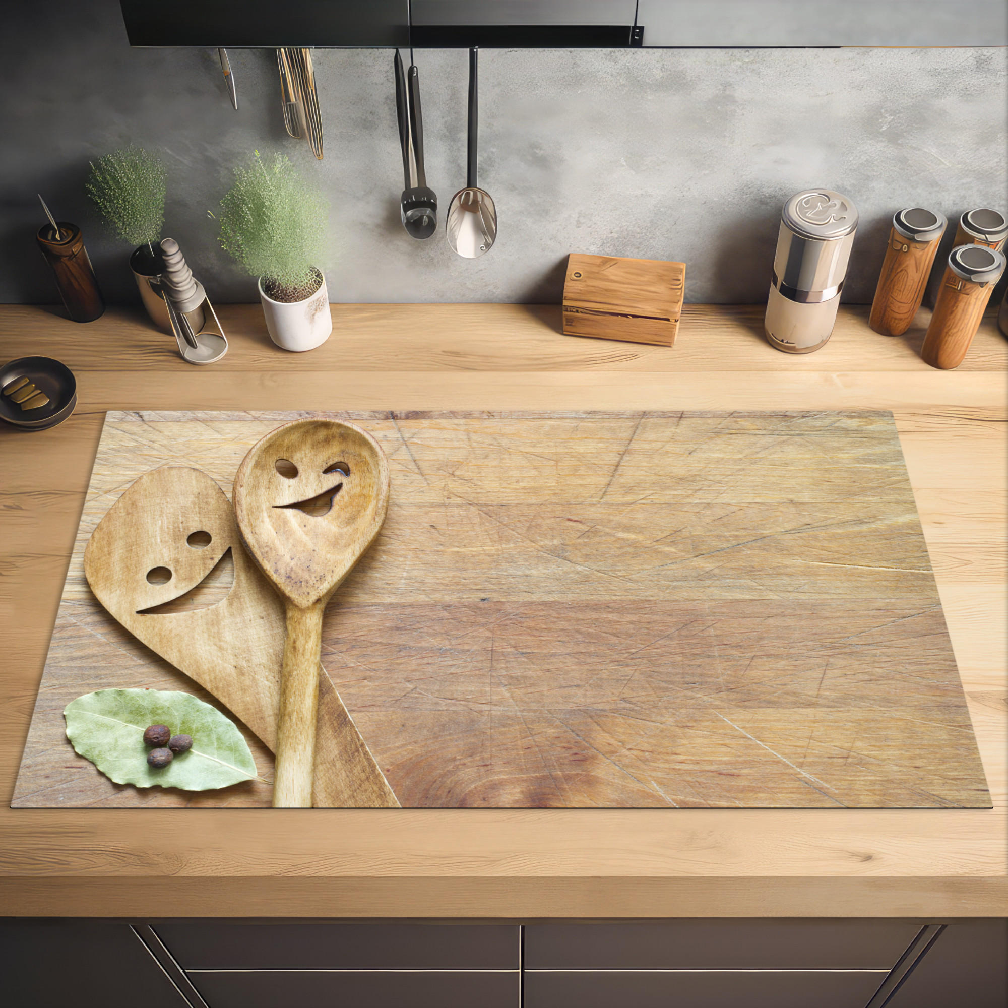 HERDABDECKPLATTE Holz - Löffel - Braun - Smiley 91x52 cm - Hellbraun, Kunststoff (91.2/0.2/52cm) - MuchoWow