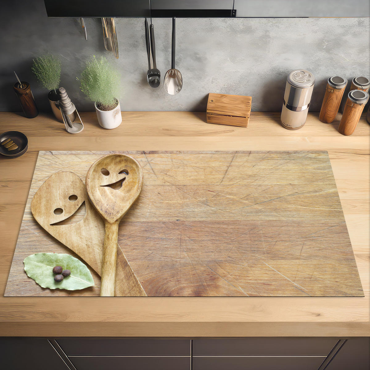 HERDABDECKPLATTE Holz - Löffel - Braun - Smiley 91x52 cm - Hellbraun, Kunststoff (91.6/0.2/52.7cm) - MuchoWow
