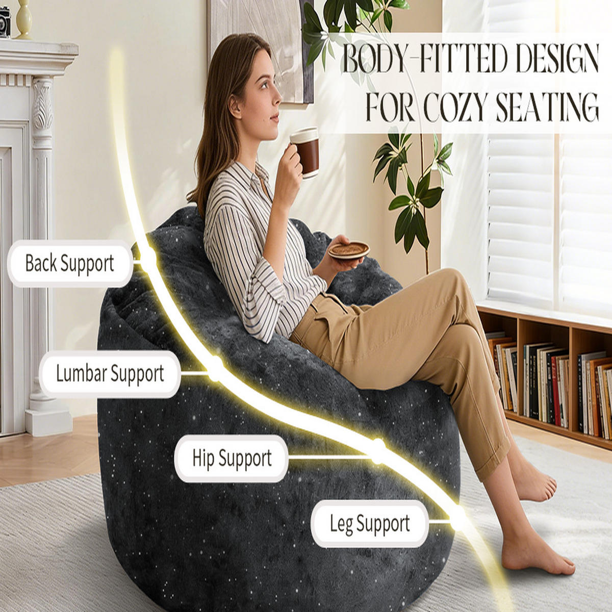 SITZSACK Ergonomisch Stoff 103 x 103 x 65 cm Ganzkörperunterstützung - Schwarz, Textil (103/31/103cm) - Raelunyi