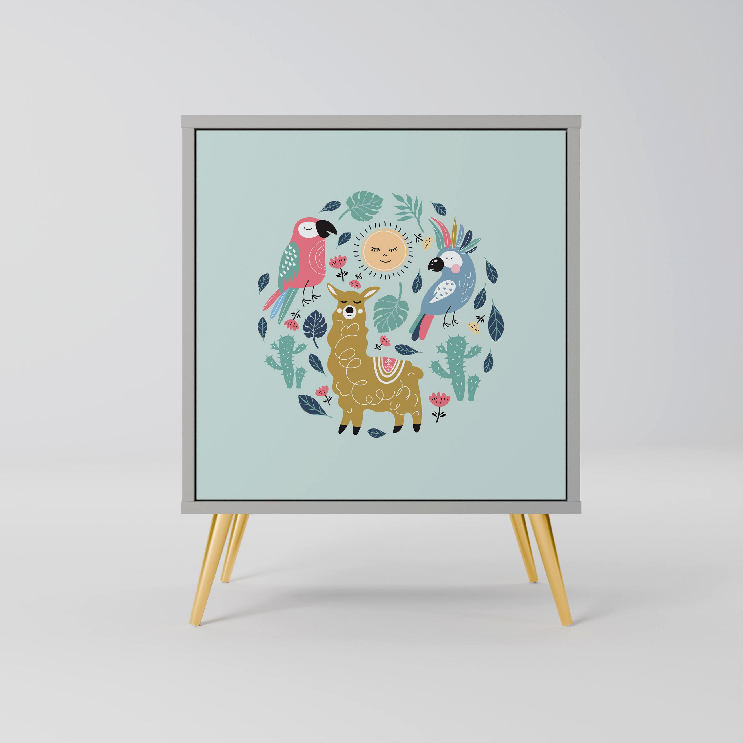 SIDEBOARD COLORFUL ALPACAS, Grau, 57,5x42x75,5 cm, Goldfarbene Metallfüße - Goldfarben/Multicolor, Holzwerkstoff/Metall (57.5/75.5/42cm) - SpaceRebels
